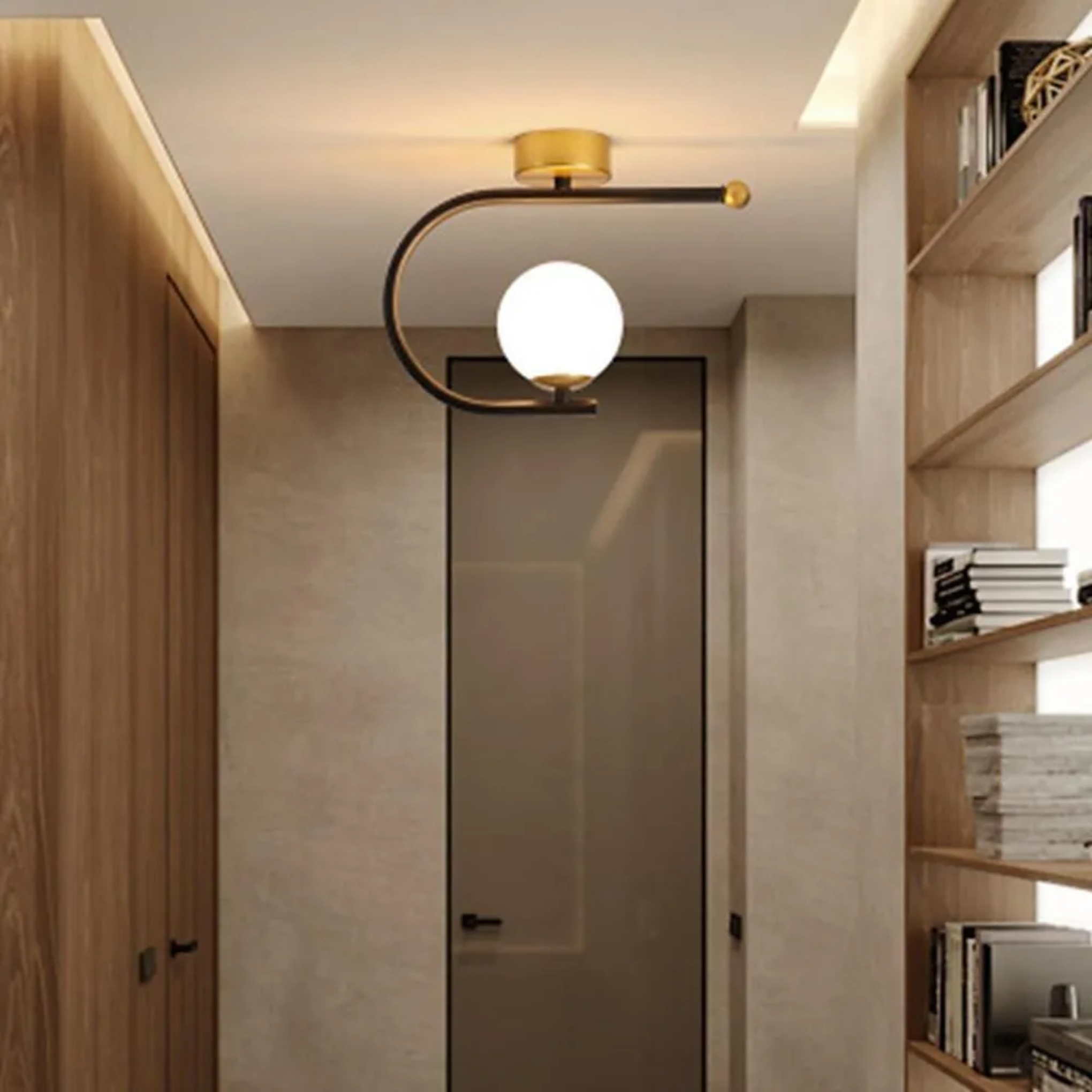 Modern globe curved black glass semi-flush mount light, Lighom — Warm White (3000K) / Matte Black