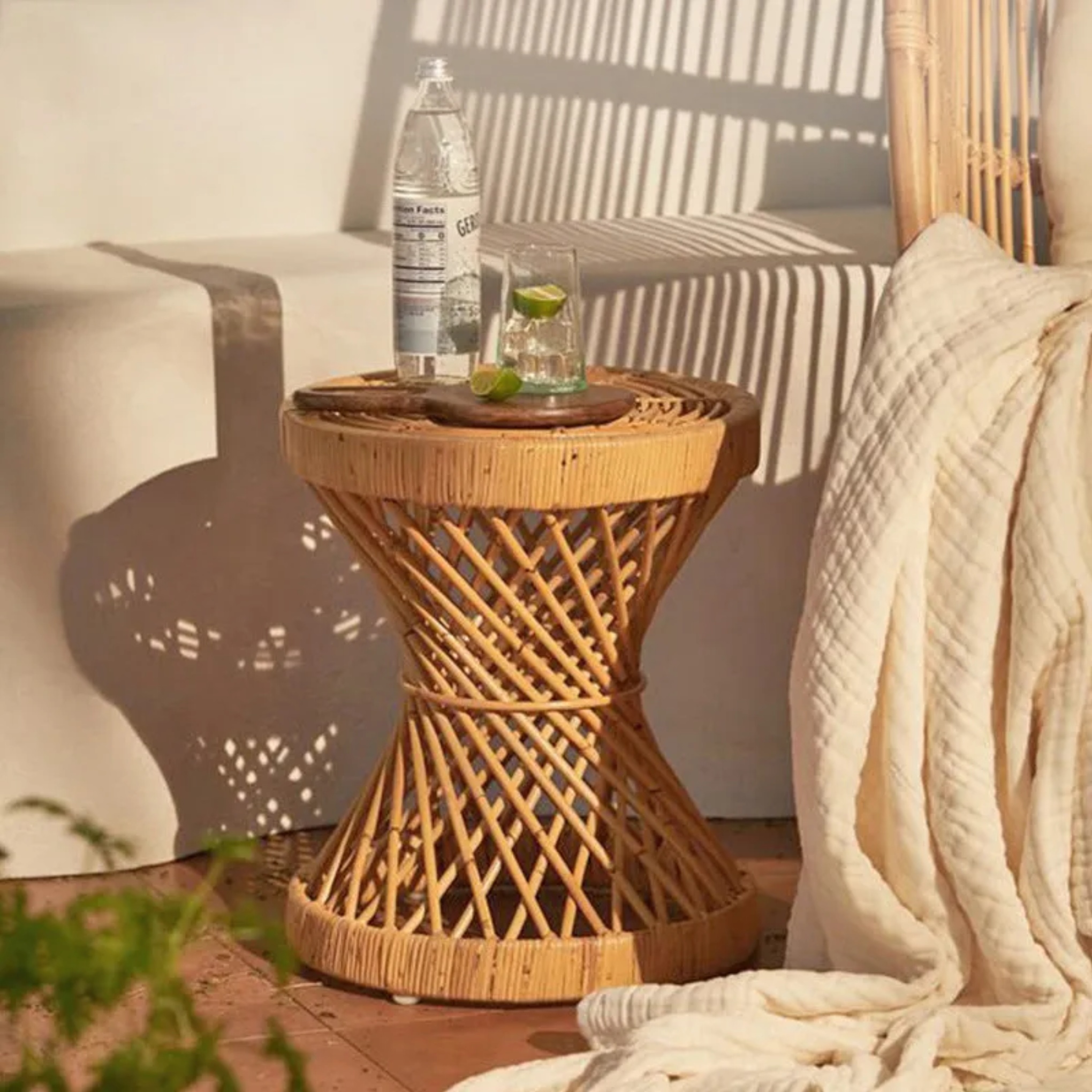 Rustic hourglass boho natural coffee tables, Lighom — Style A - Small (Dia 15.75" x 19.29" H)