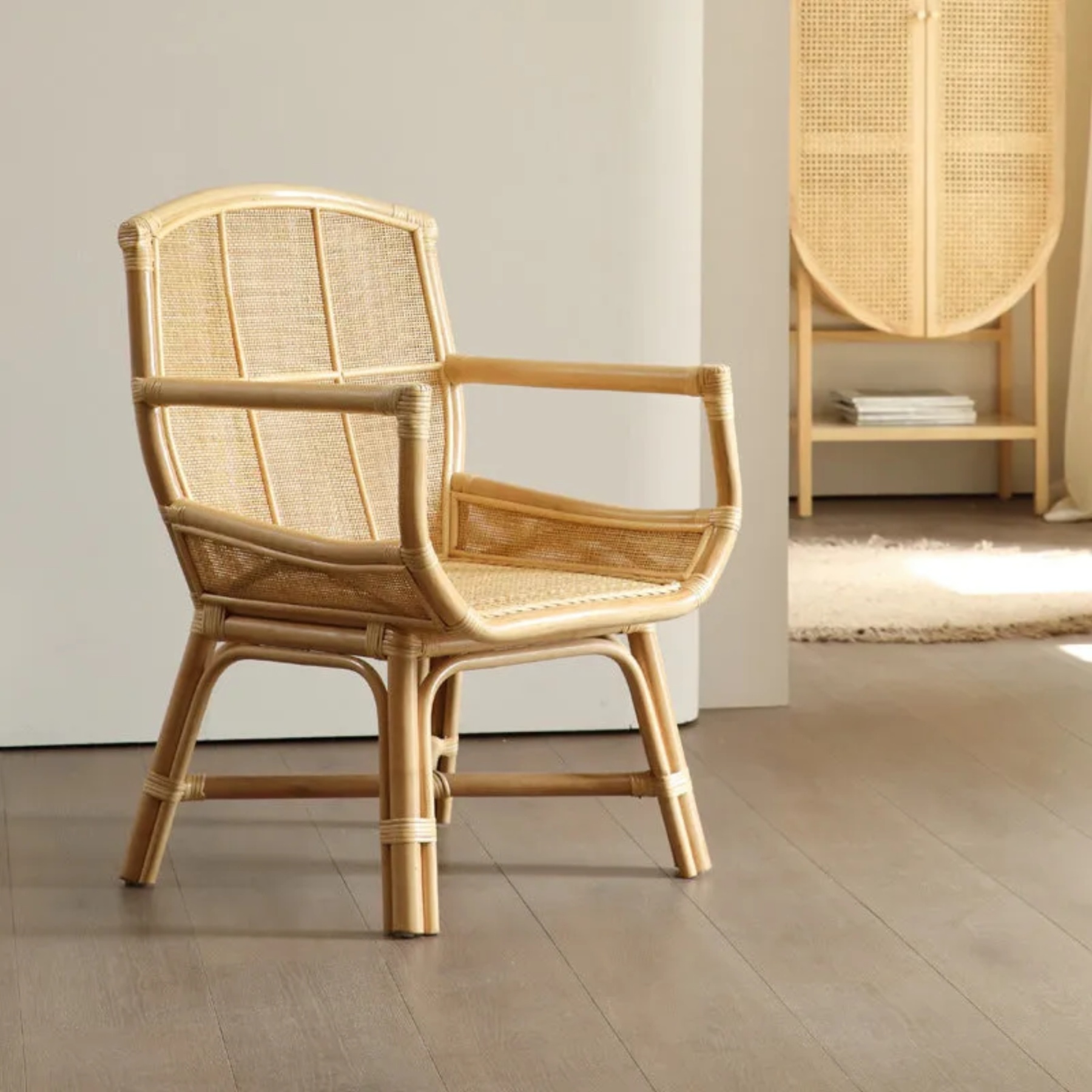 Rustic boho rectangular yellow accent chairs in rattan