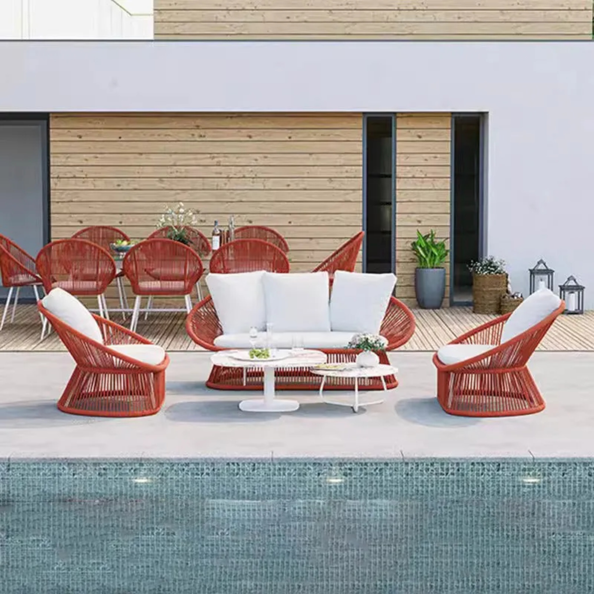Rustic rope round red tables — Rope Weaving Chair