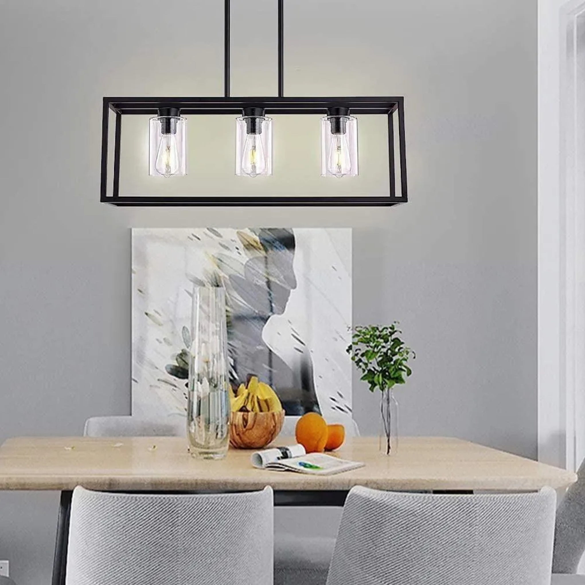 Black glass foyer rectangular chandeliers - industrial — 3-Light