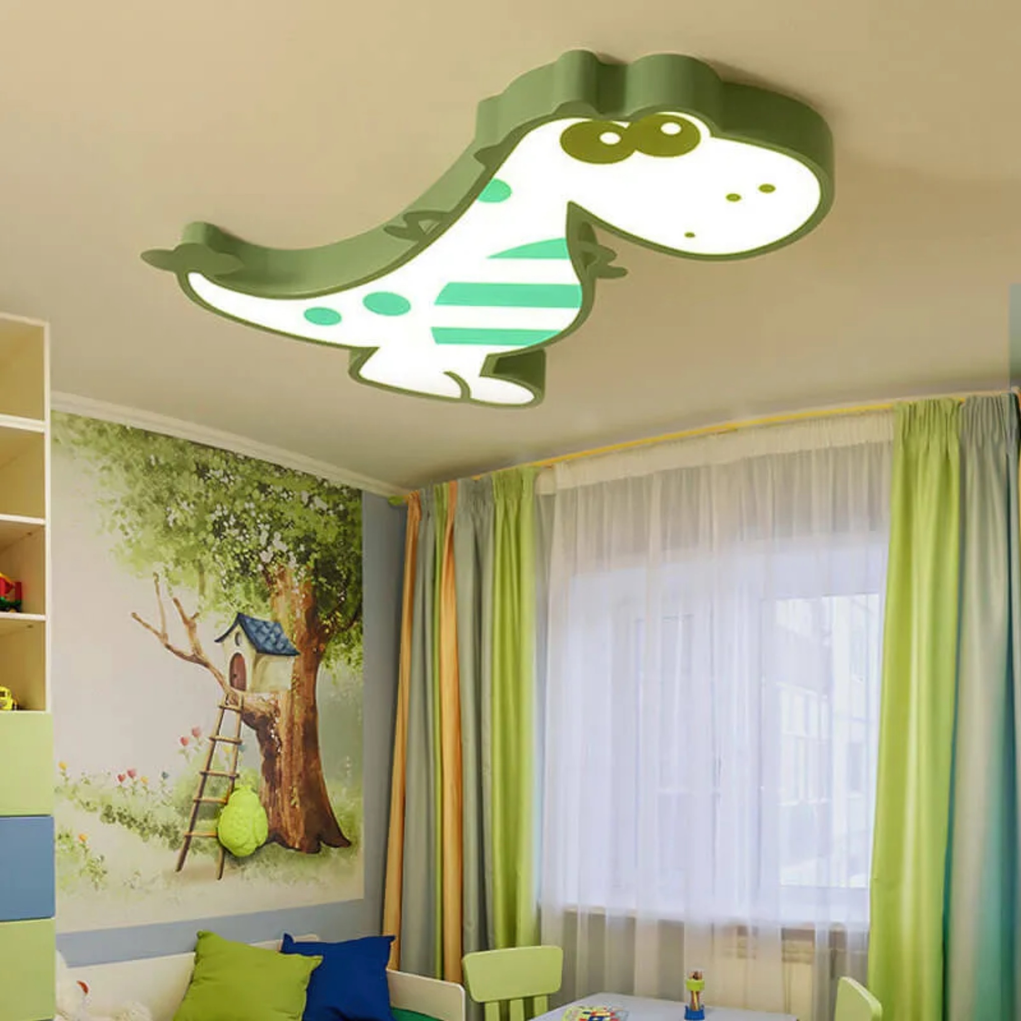 Creative dinosaur cartoon green flush mount lighting in acrylic — Small (12"H / Cool White (6000K) / Pink