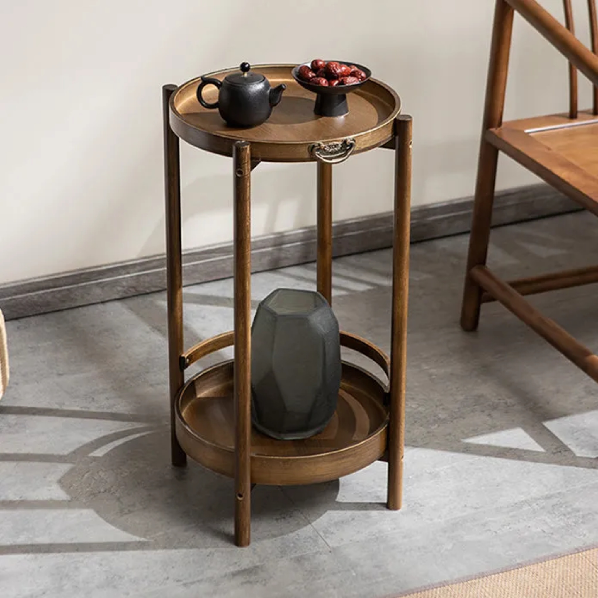 Traditional 2-tier end natural bamboo glass wood end & side tables, Lighom