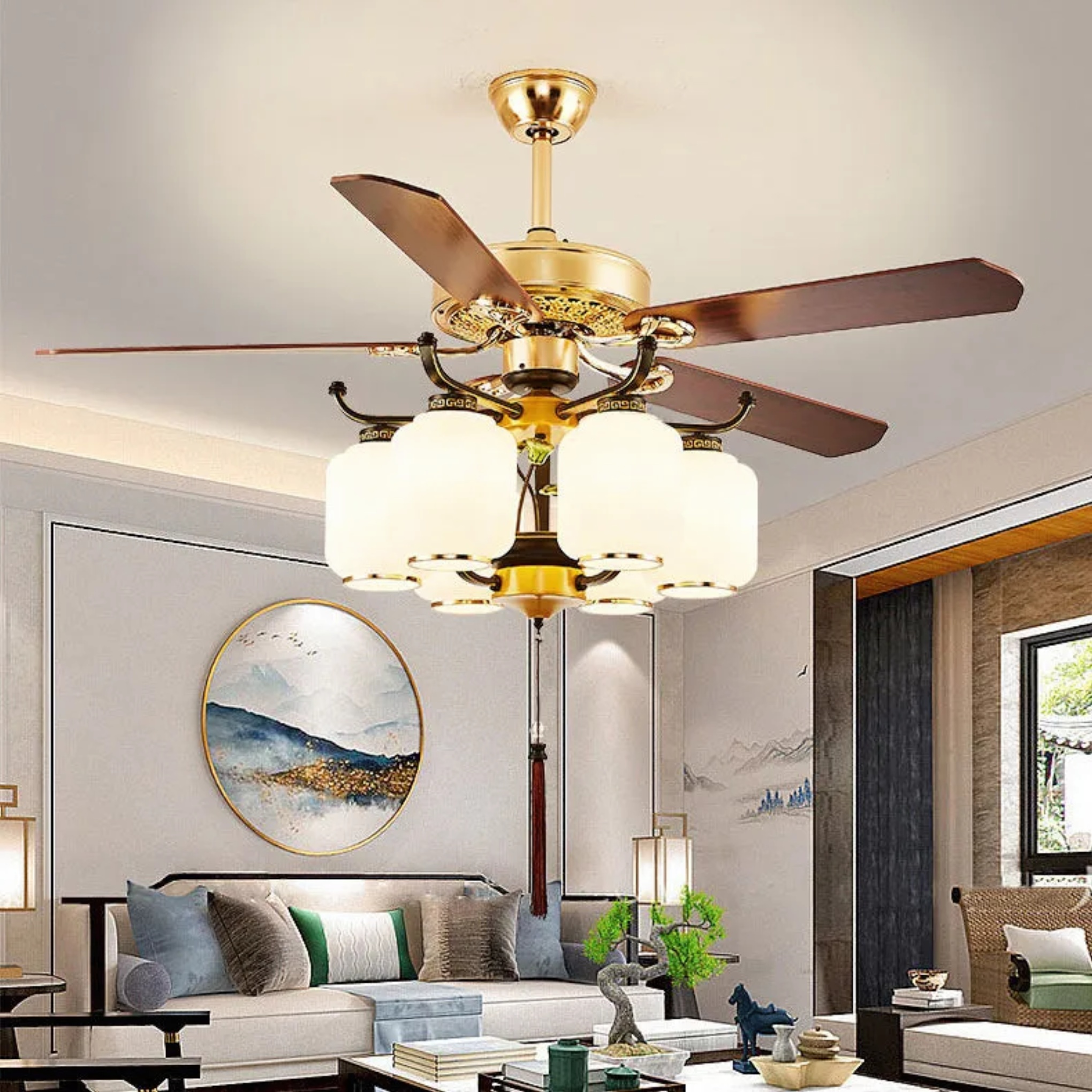 Chinese lantern iron ceiling fans — 41.34" W x 28.35" H / Solid Wood / Matte Black