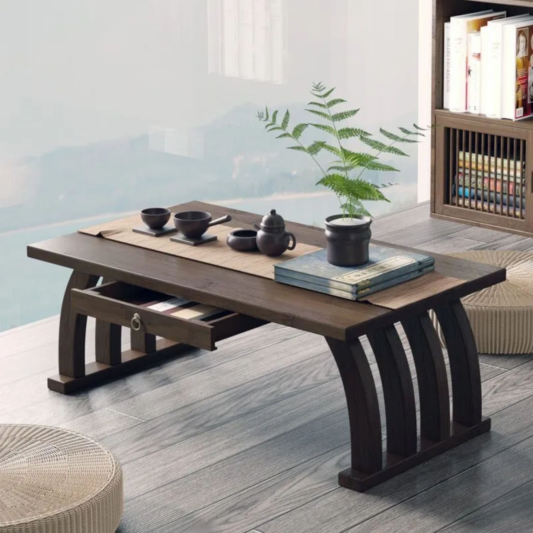 Traditional rectangular fiberboard coffee tables in bamboo wood