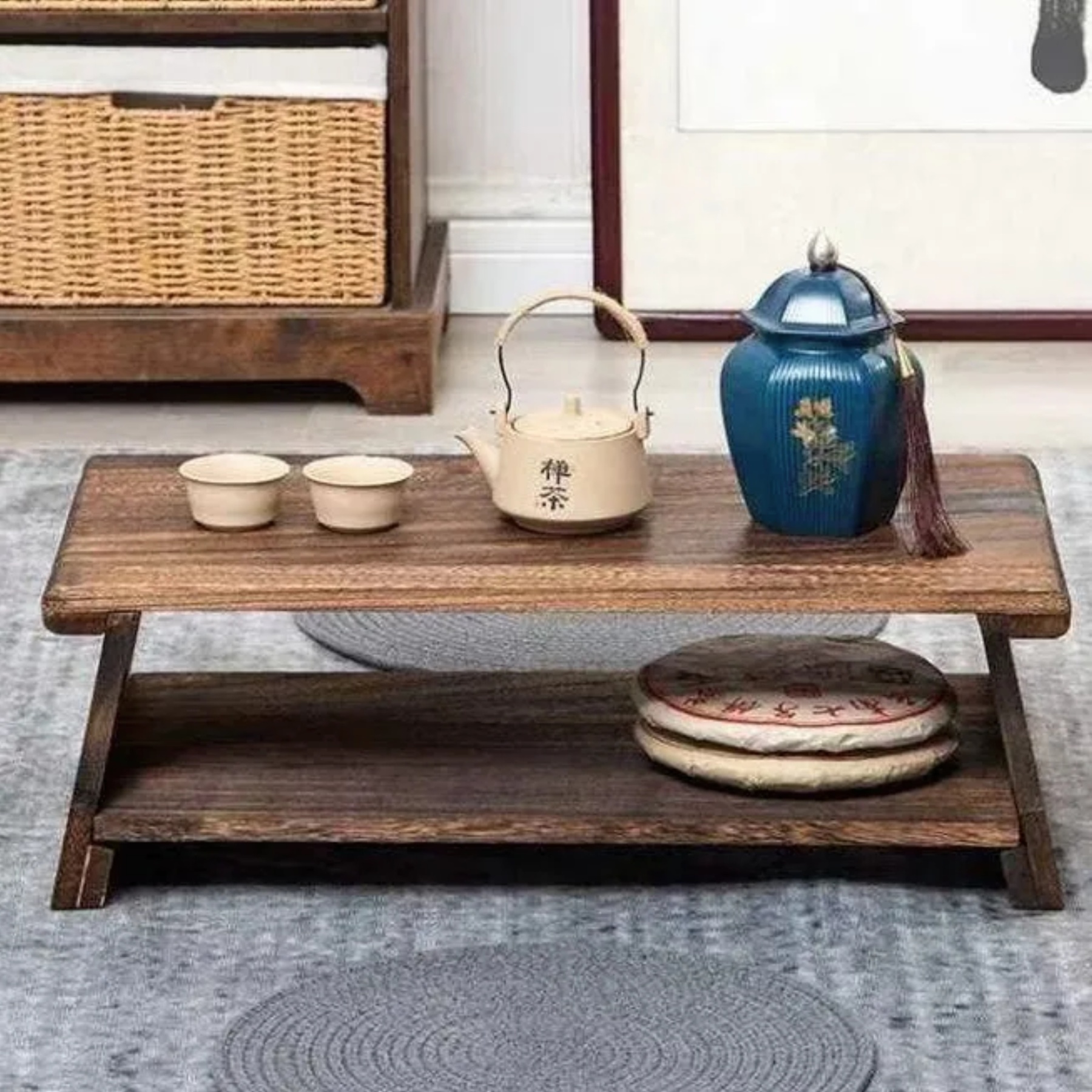 Japanese 2-tier solid wood coffee tables — 23.62" L x 11.81" W x 7.87" H