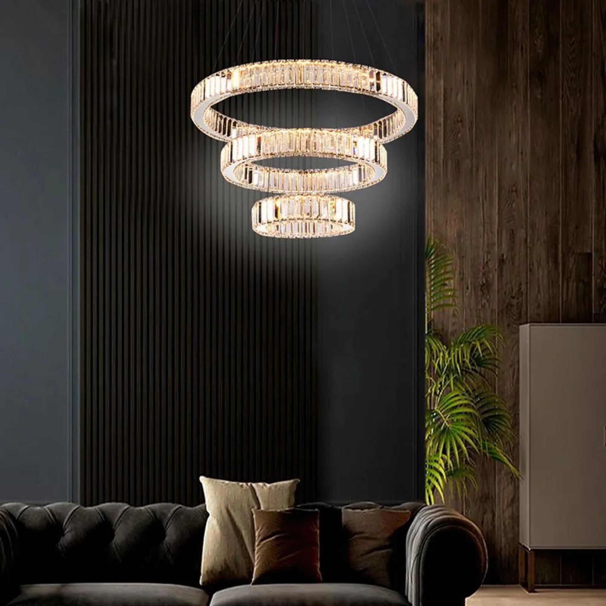 Modern three-tier chrome crystal chandeliers — Warm White (3000K)