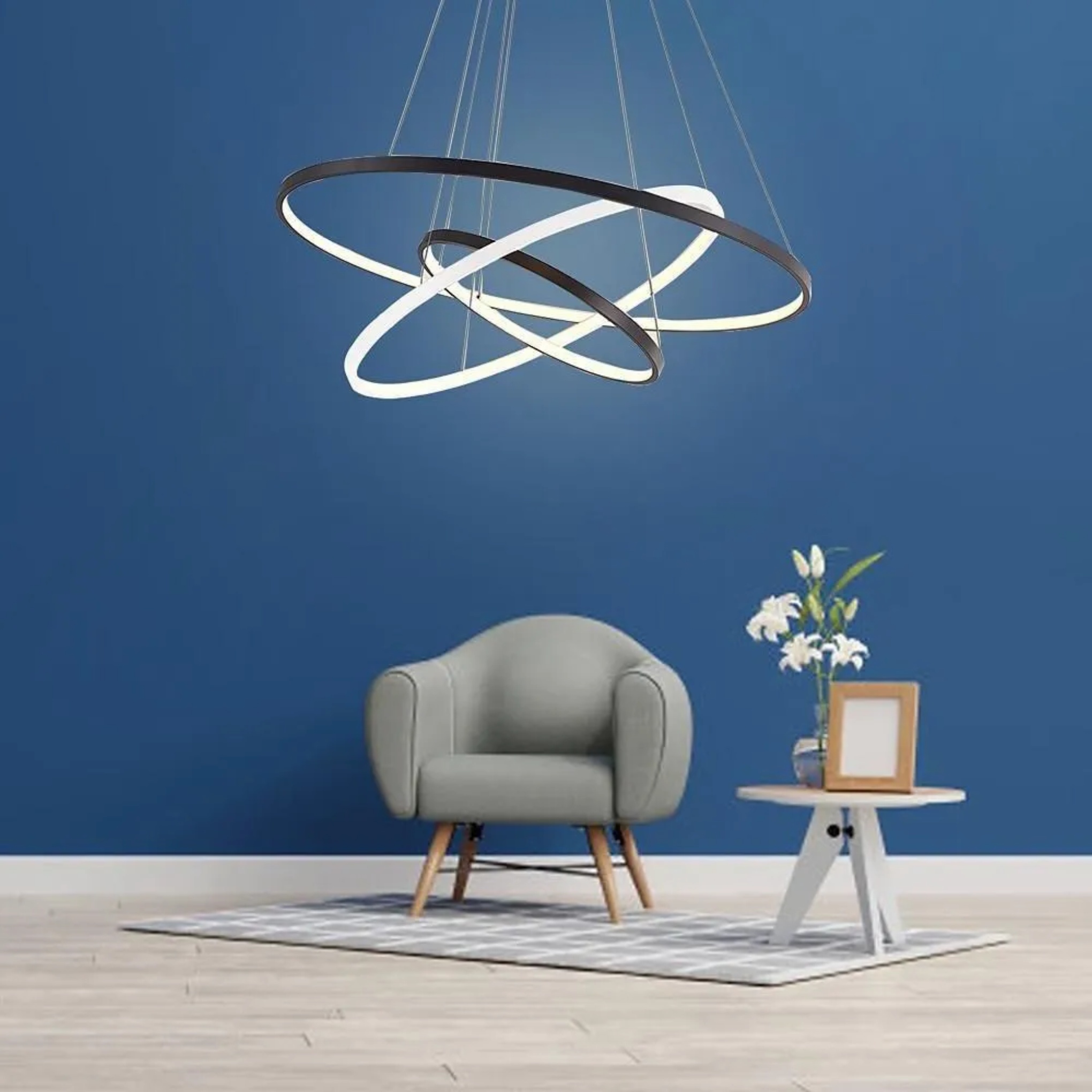 Modern circle black chandeliers — 8"x16"x24" / White & Black / Warm White (3000K)