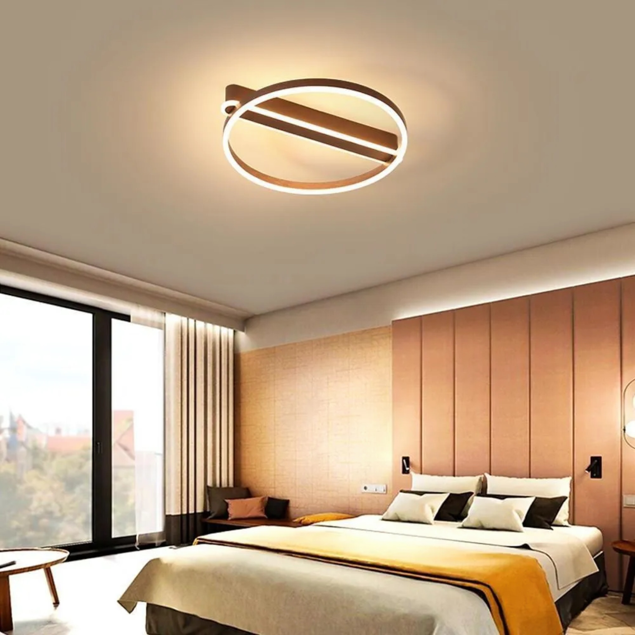 Lighom modern linear circle brown semi-flush mount light in synthetic — Warm White (3000K) / Brushed Gold