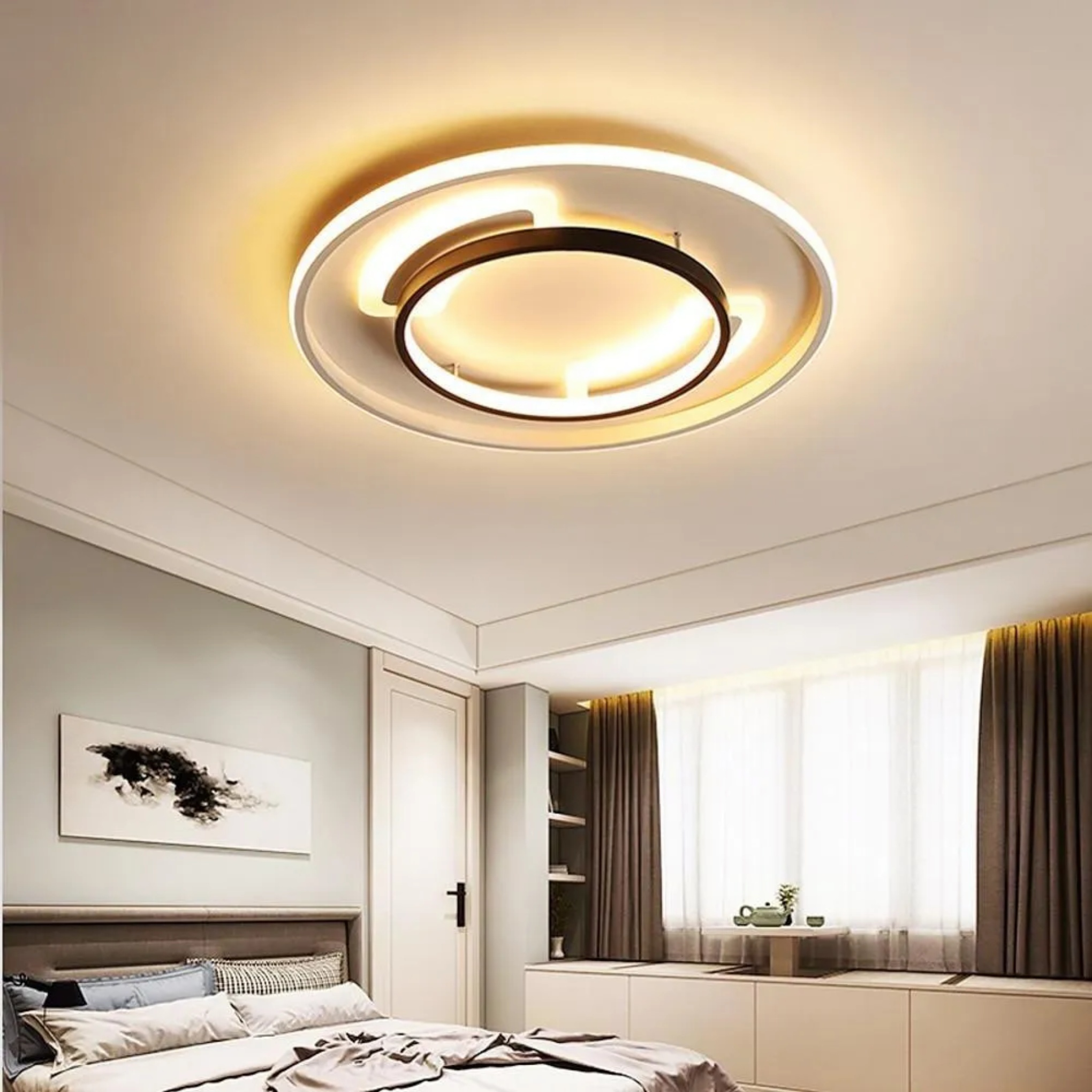 Wood synthetic circle flush mount lighting - modern — 3" H x 16" Dia / Warm White (3000K)