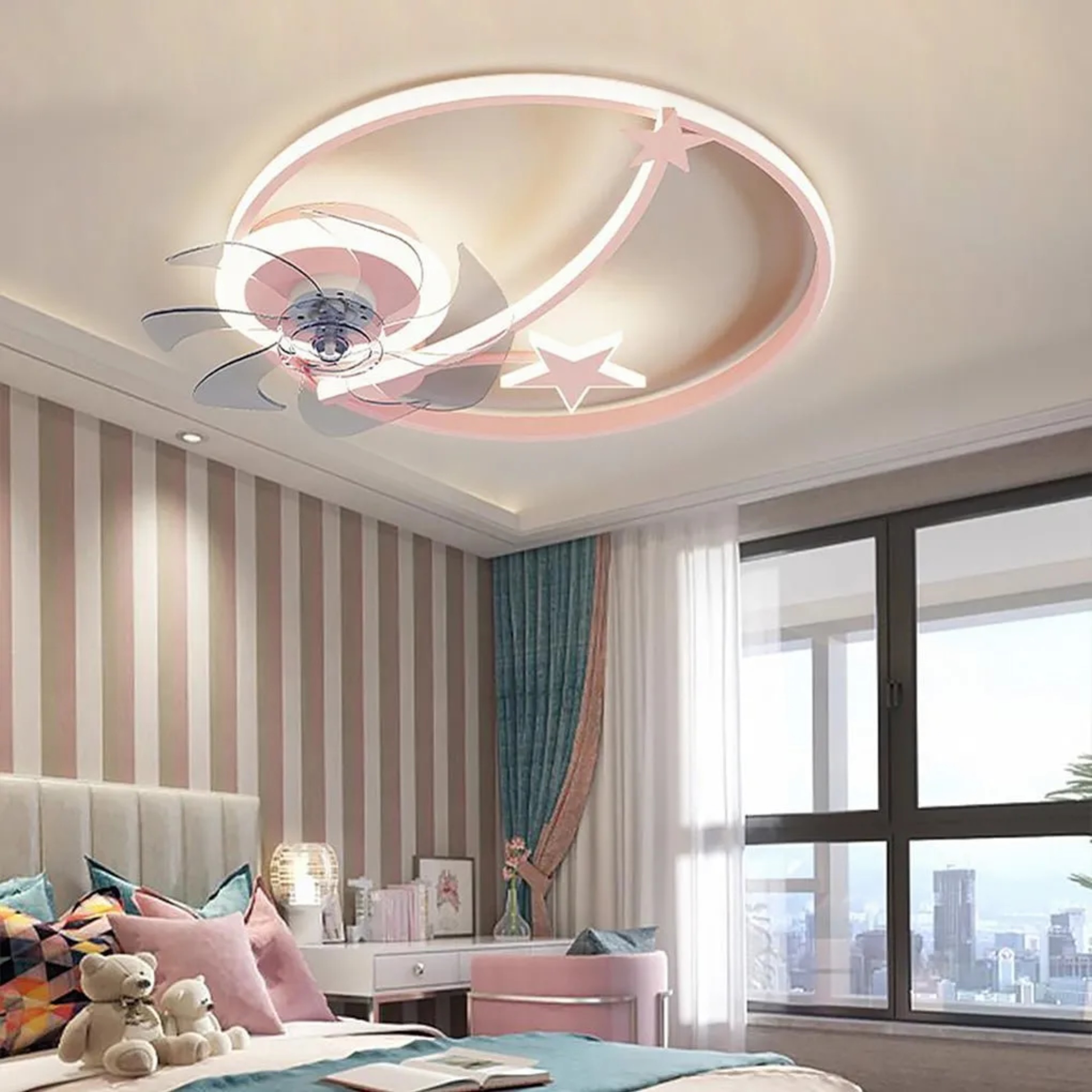 Lighom modern star circle white kids ceiling fans in metal — Pink