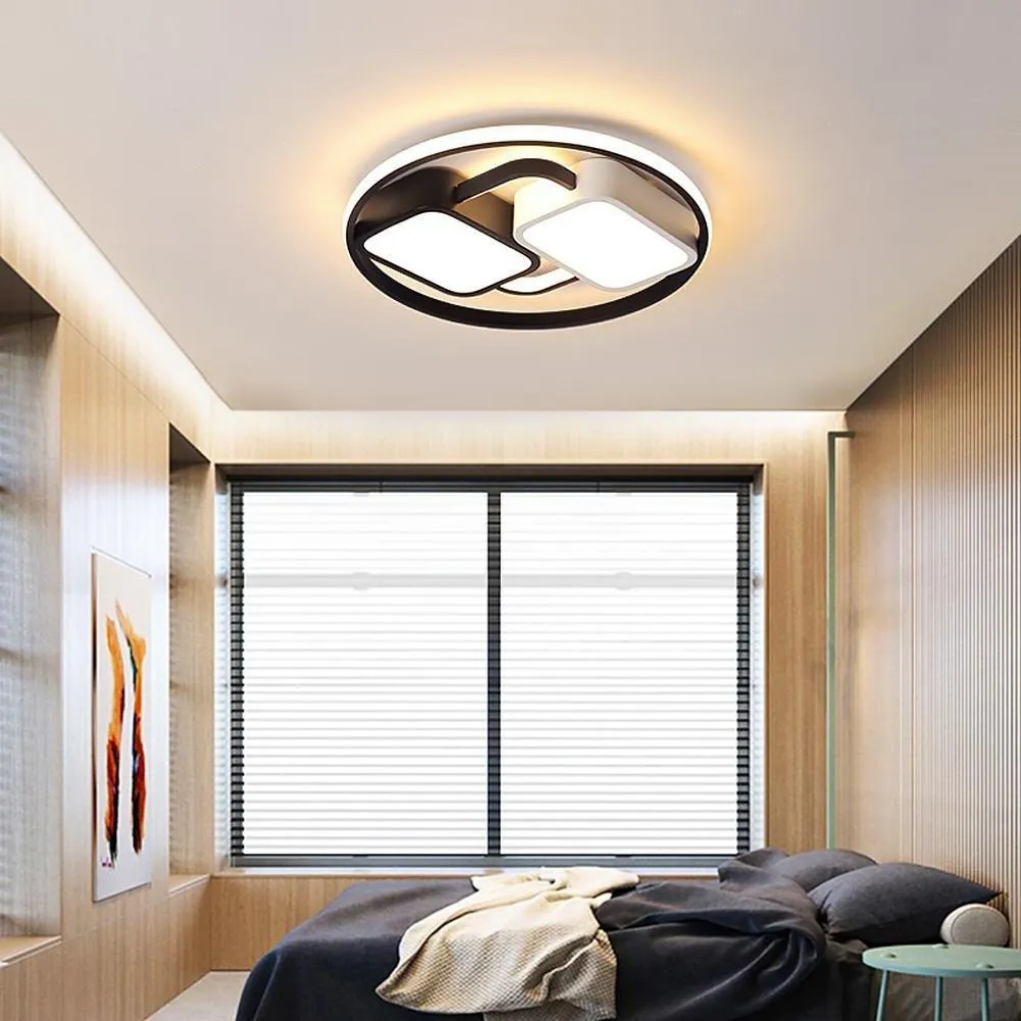 Modern rectangles circles black synthetic flush mount lighting — Round / Warm White (3000K)