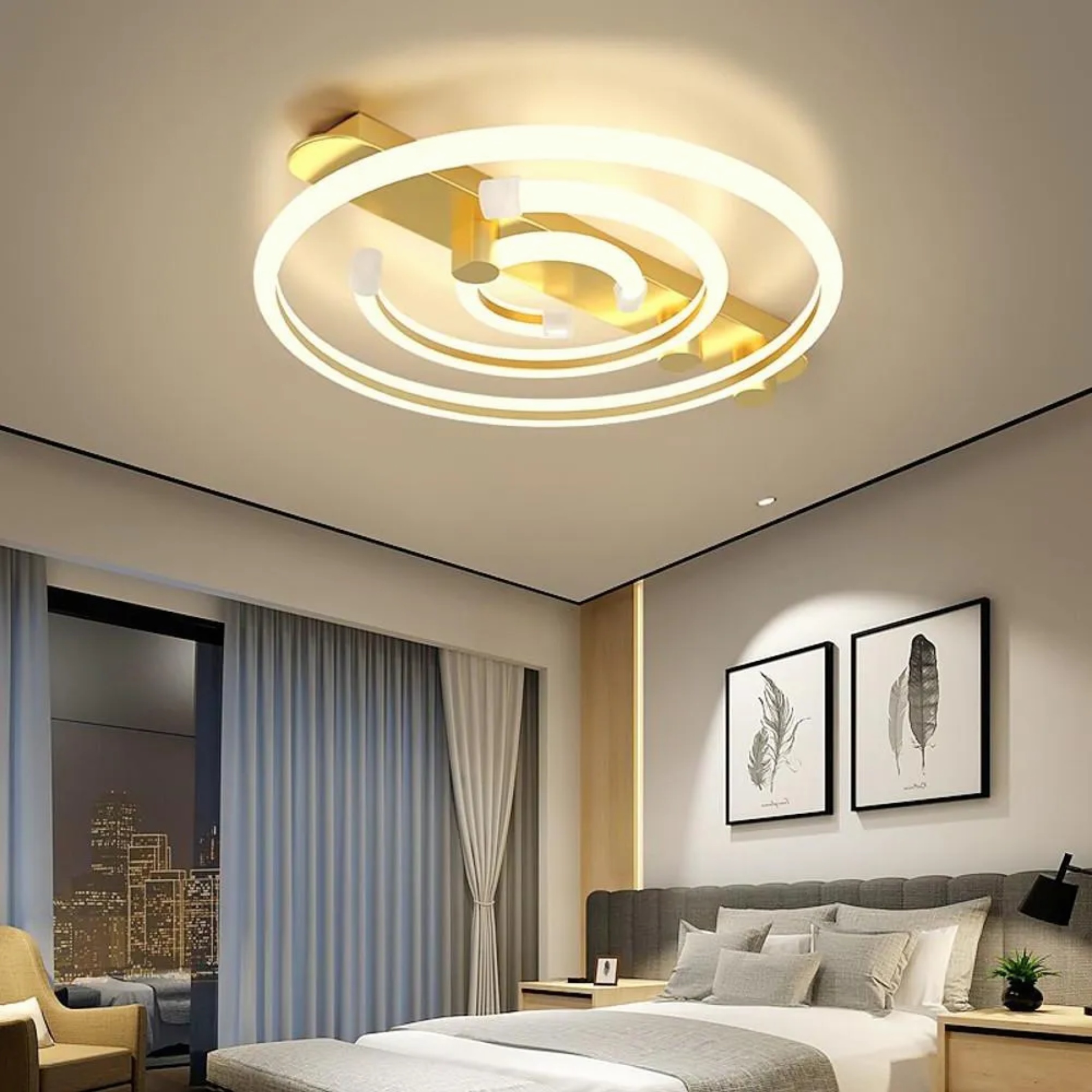 Abstract circular black synthetic flush mount lighting — Warm White (3000K) / White