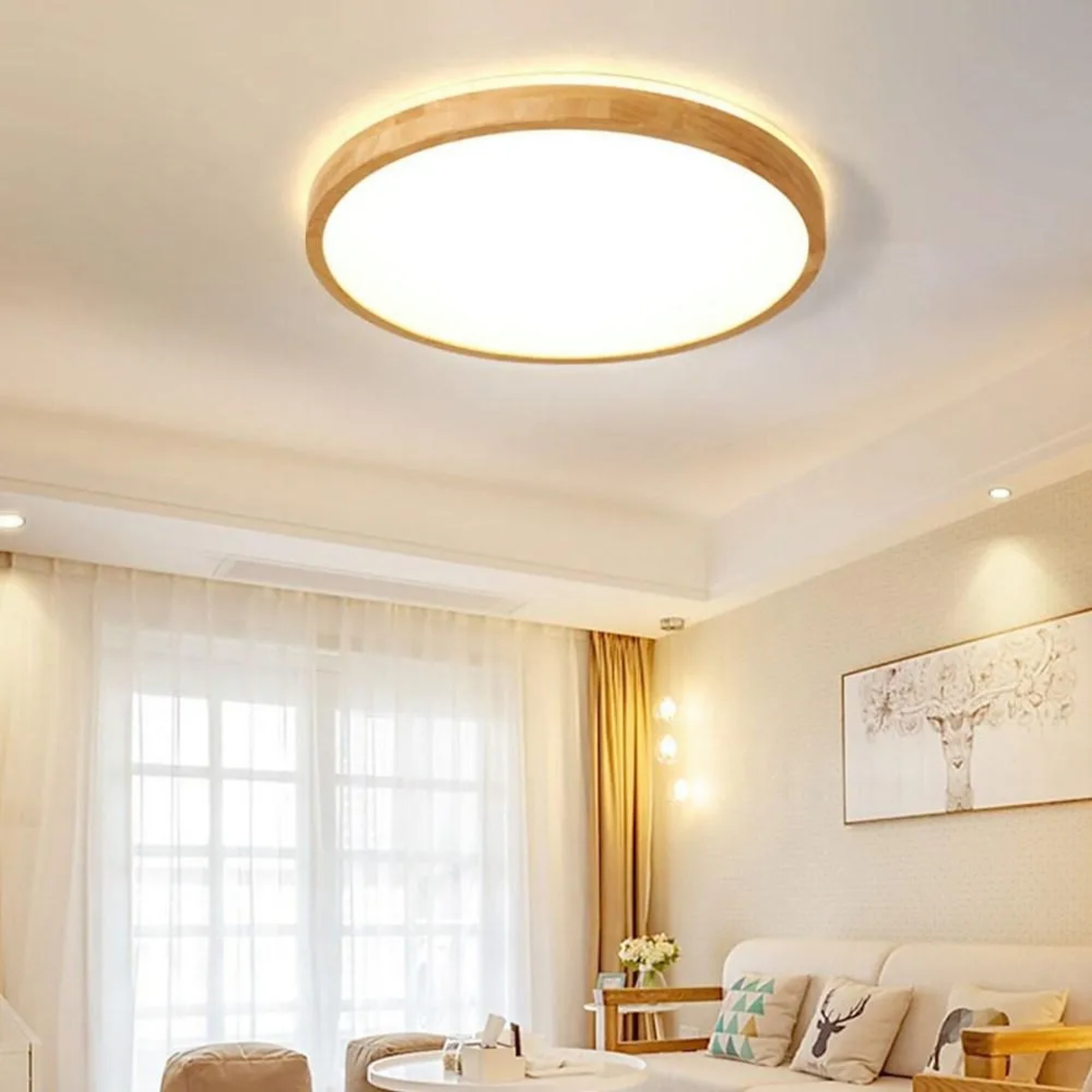 Circular wood flush mount lighting in bamboo — 20" Dia / Warm White (3000K)