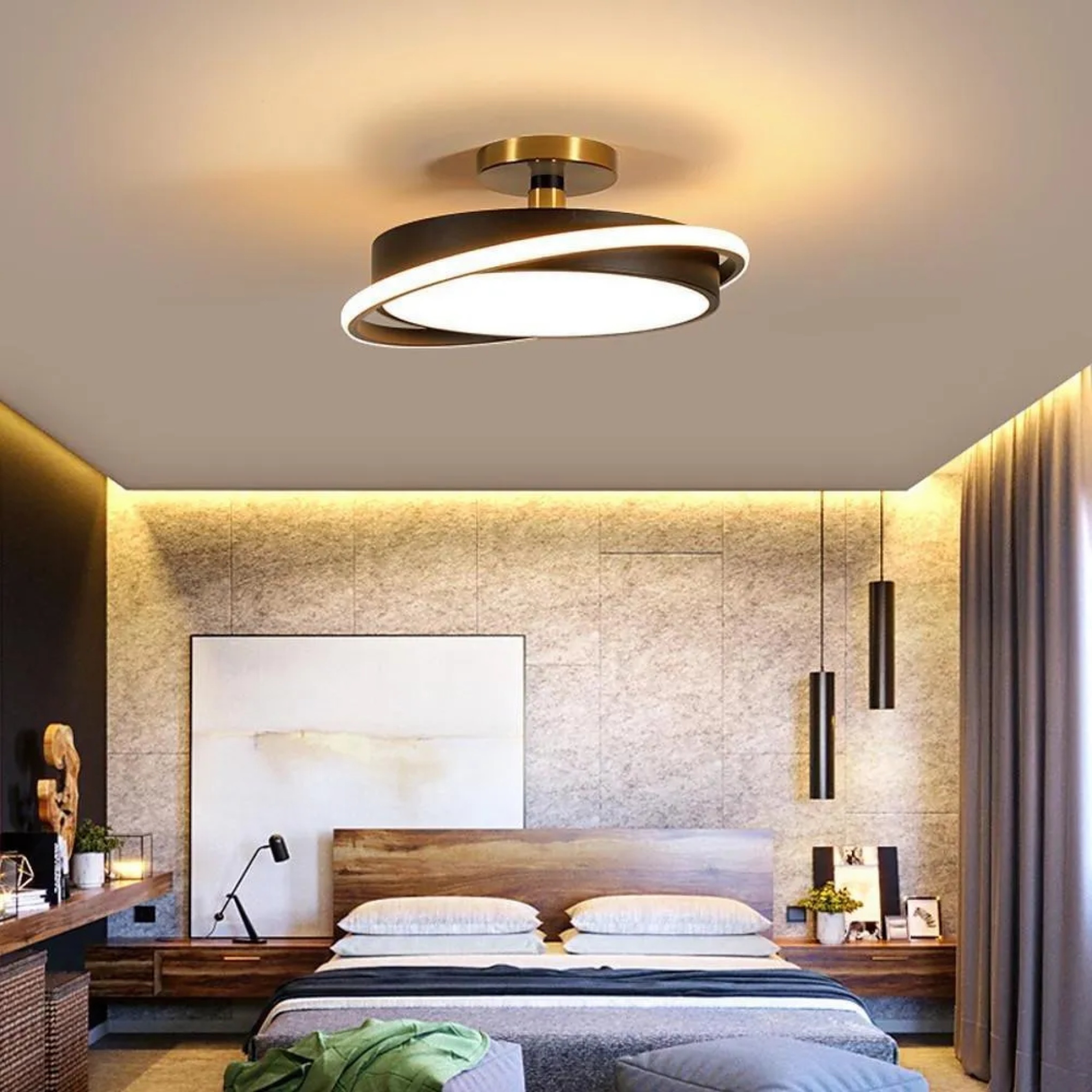 Lighom modern circular black semi-flush mount light — 5" H x 18" Dia / Warm White (3000K) / White