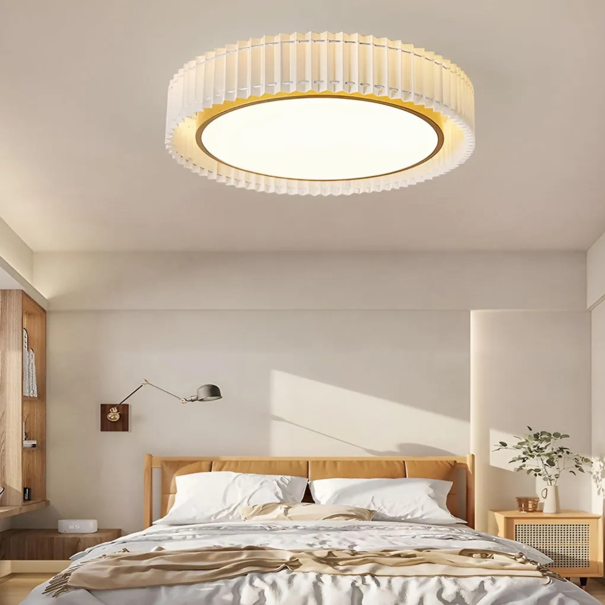 Lighom leather pleated circular beige flush mount lighting — 16" Diameter / Flush Mount Lamp