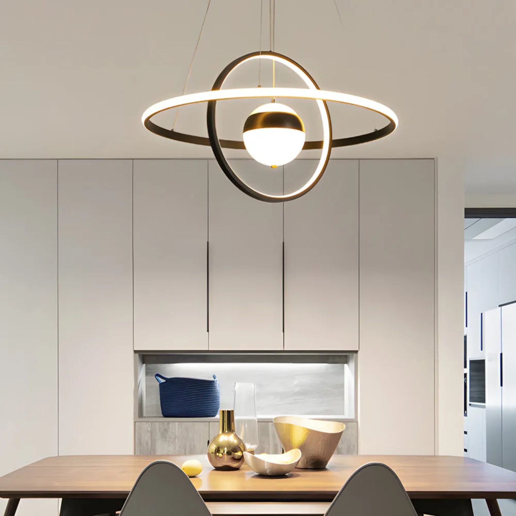 Lighom modern circular ring black pendant lighting — Cool White (6000K)