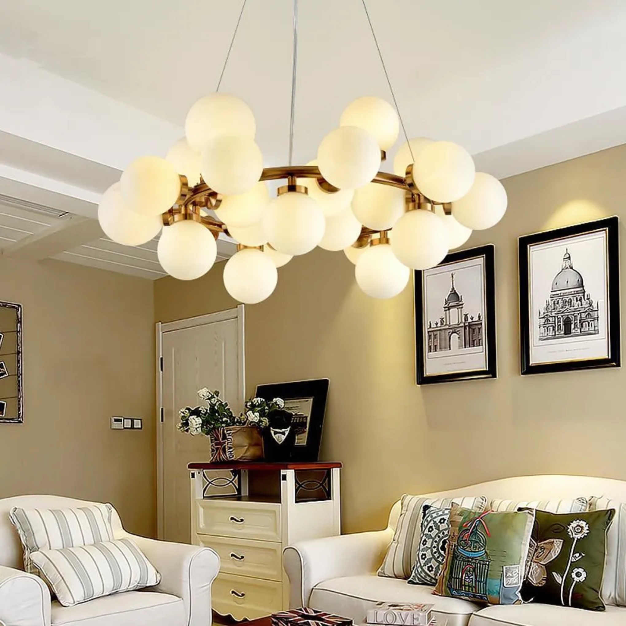 Modern clustered globe white chandeliers, Lighom — Warm White (3000K)