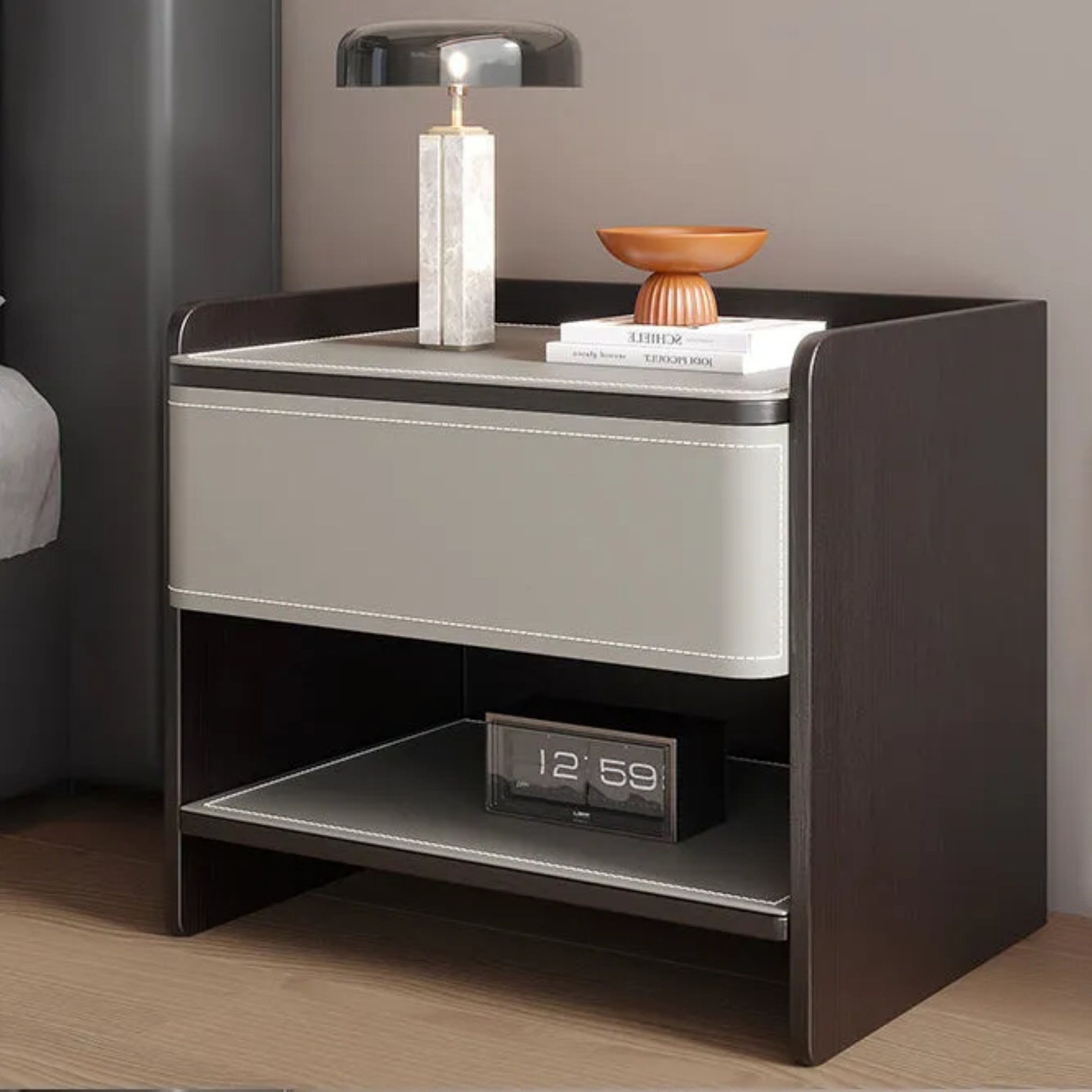 Lighom rustic solid 1-drawer gray nightstands in leather — Variant A
