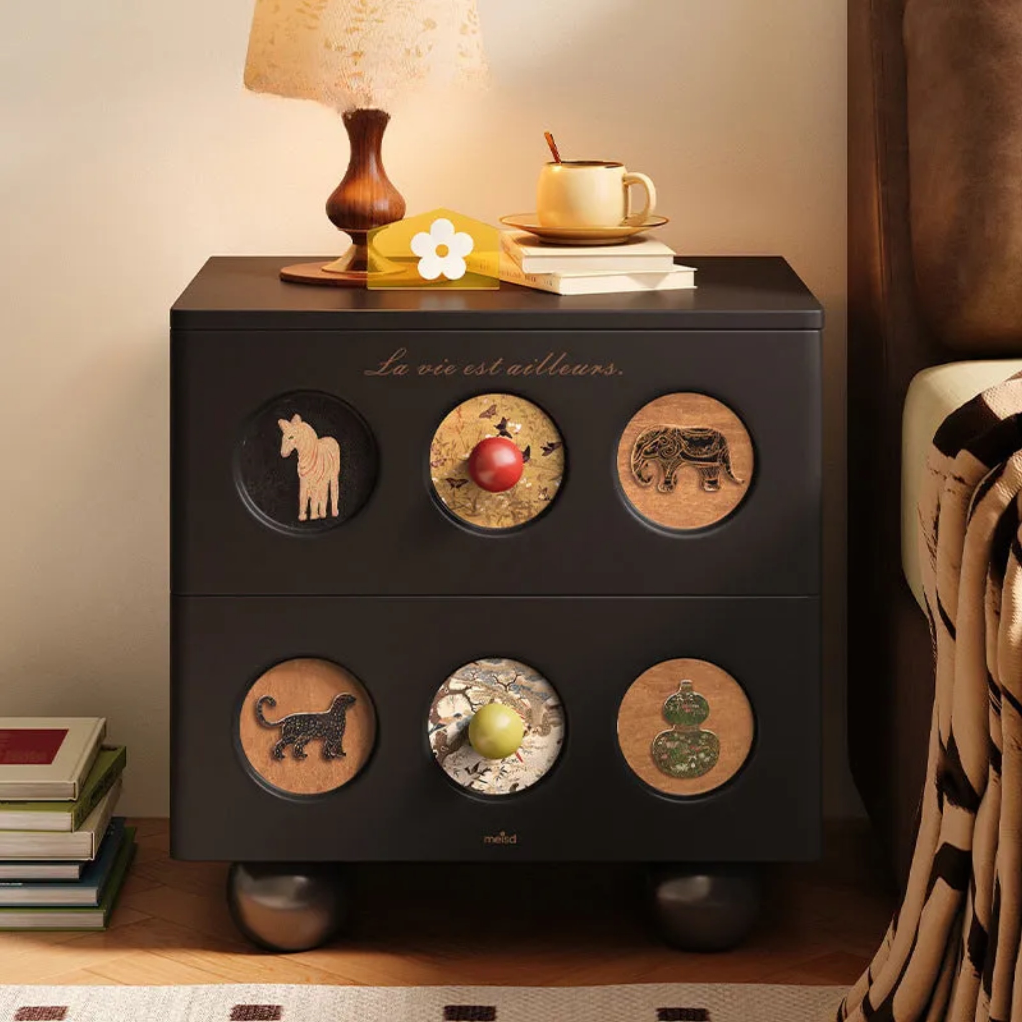 Creative print 2-drawer wood nightstands in wood leather