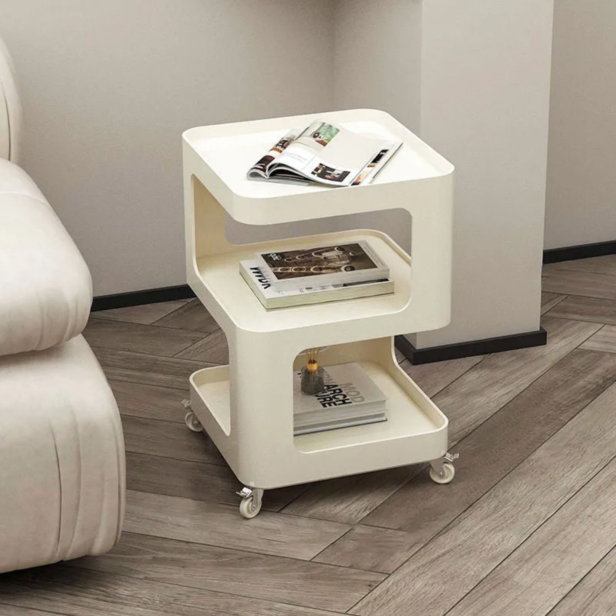 Minimalist 3-tier movable white end & side tables in iron