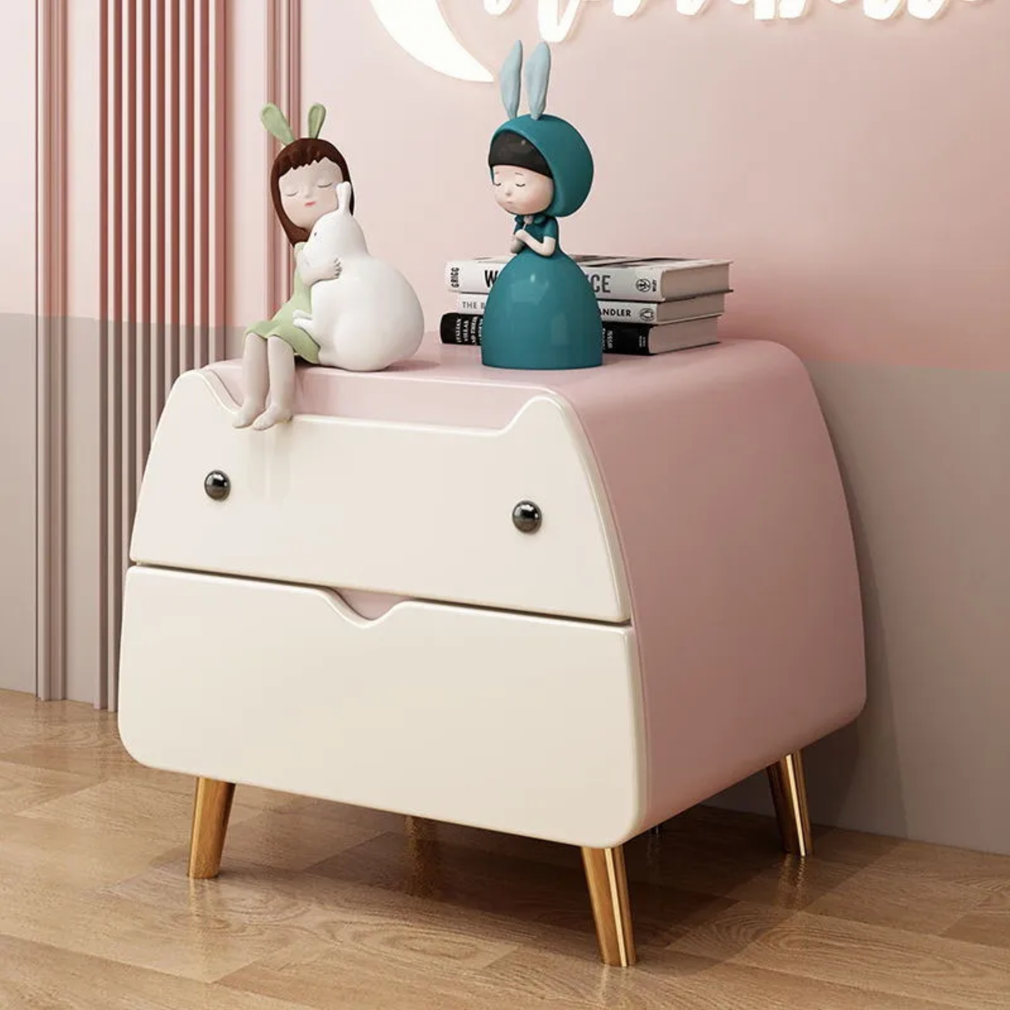 Creative 2-drawer footstool beige nightstands — Pink / Gold