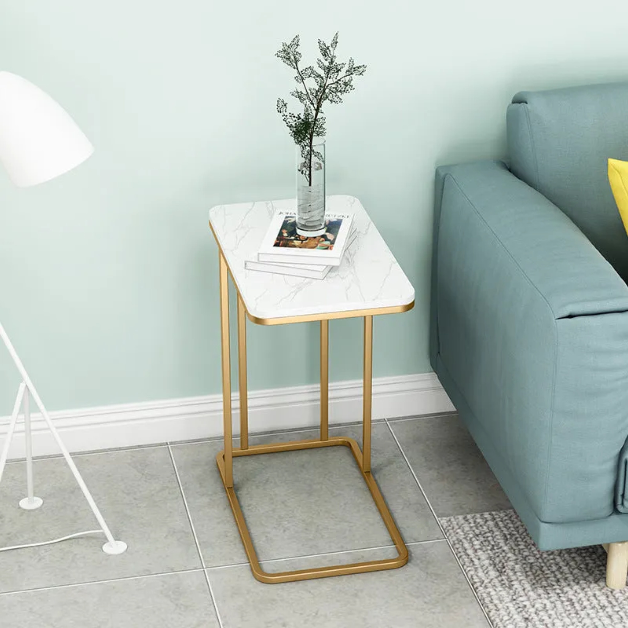 Minimalist rectangle top end & side tables in marble — Black Iron / Black