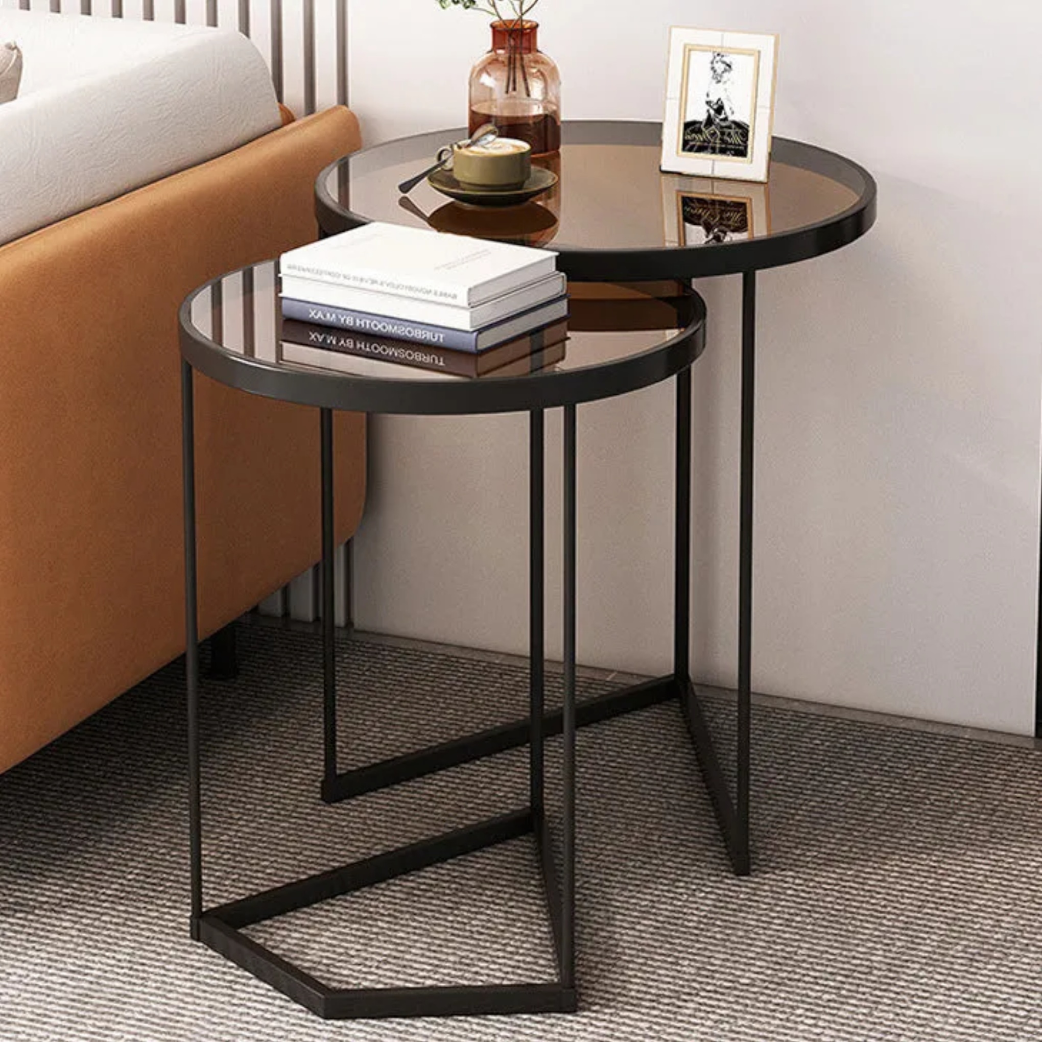 Lighom round nesting glass end & side tables for living room — White