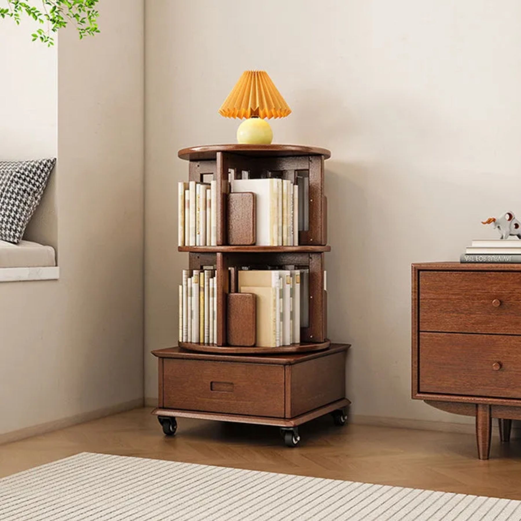 Minimalist rotatable round nightstands in wood — 2-Tier / Walnut