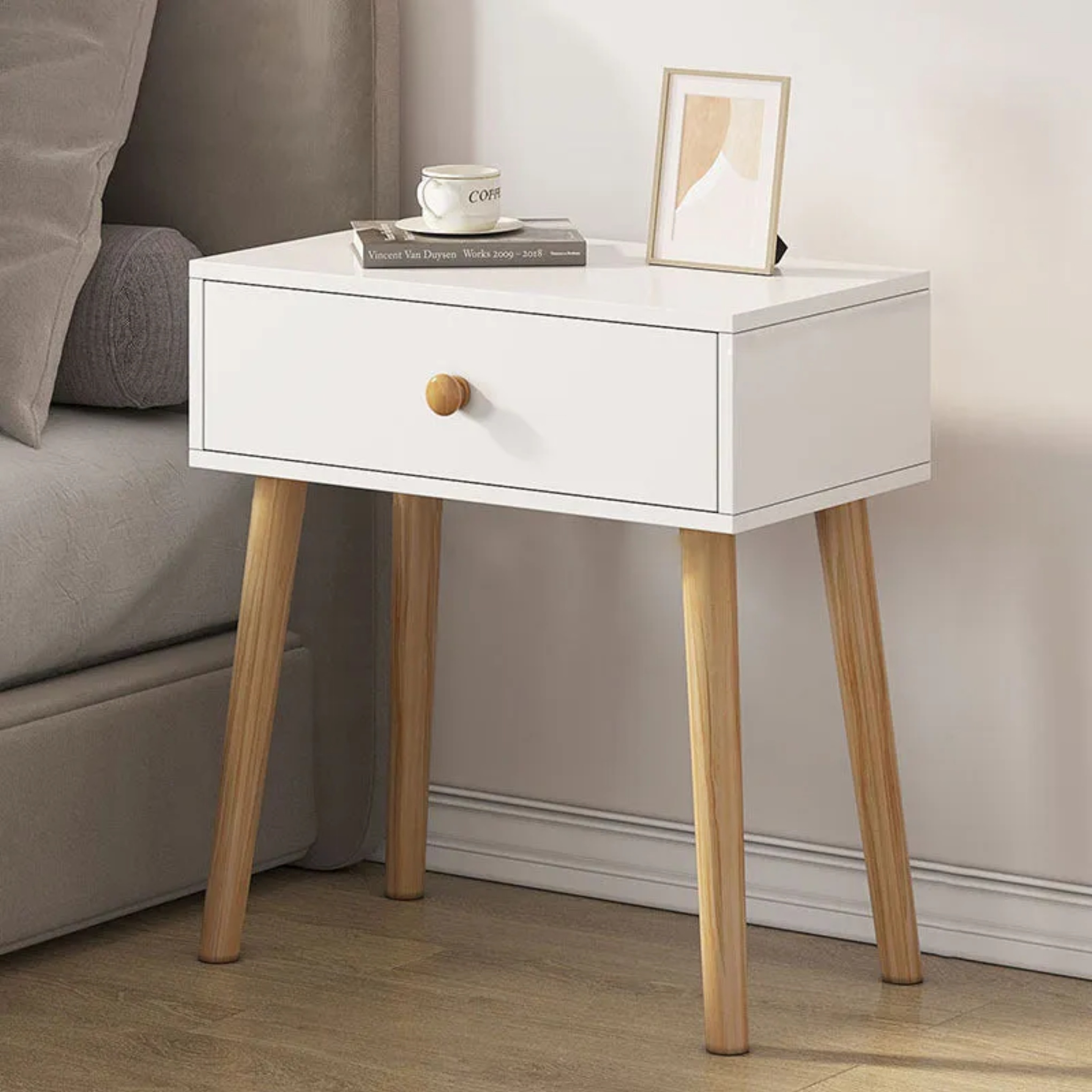 Minimalist solid drawer side tables in wood — With Drawer / White