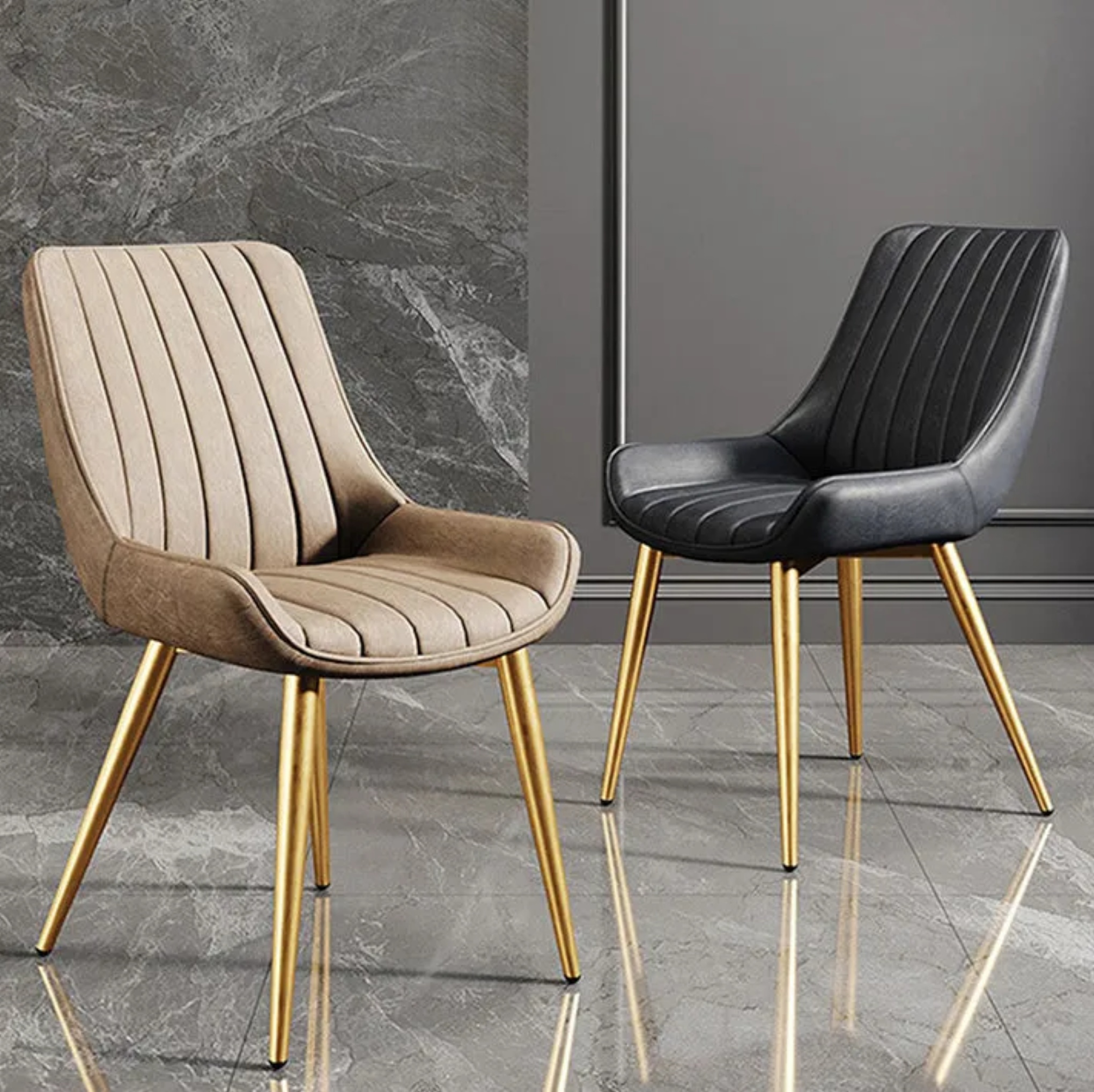 Luxury upholstered carbon gray accent chairs — Camel / Black