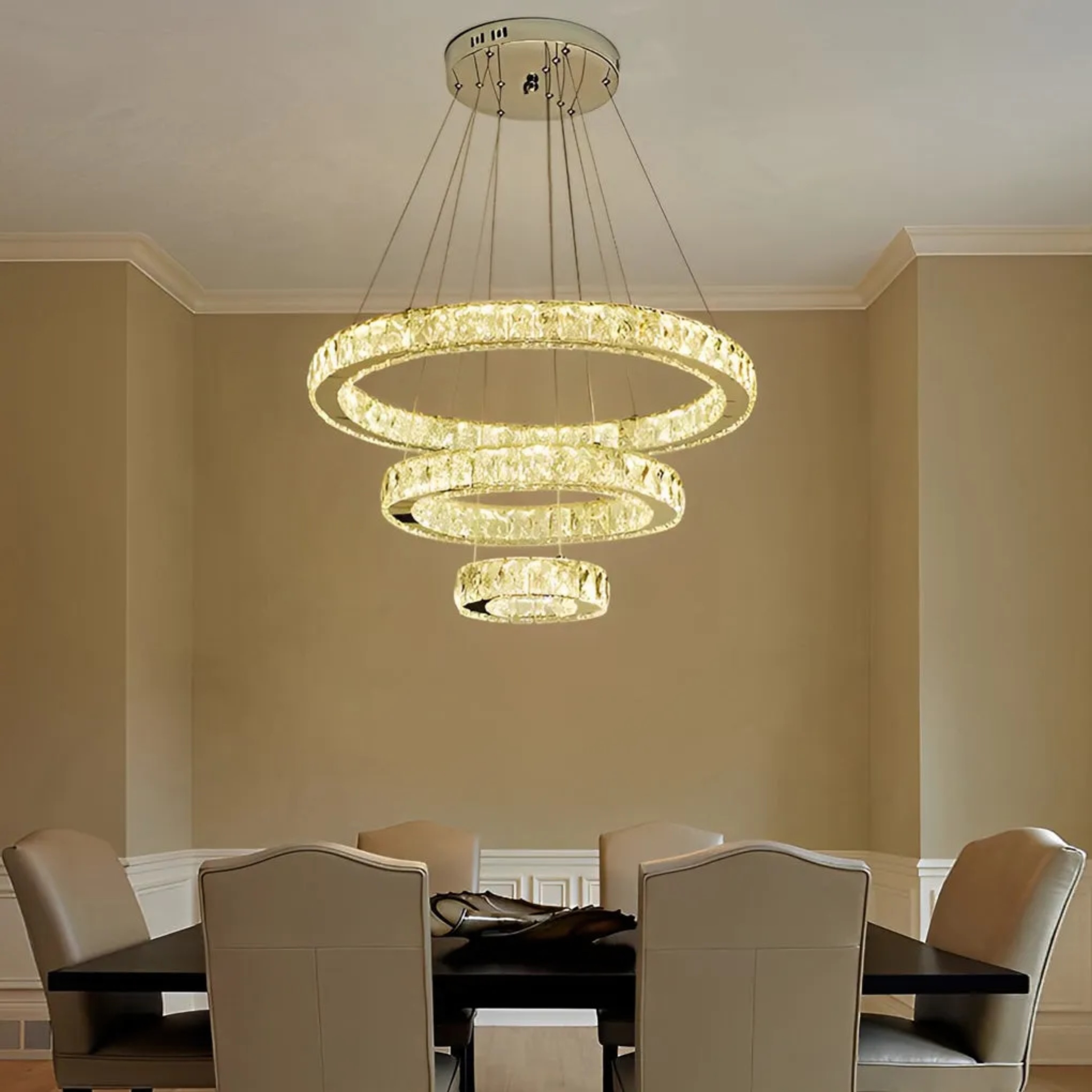 Lighom modern three-tier stacked chrome chandeliers in crystal — Warm White (3000K)