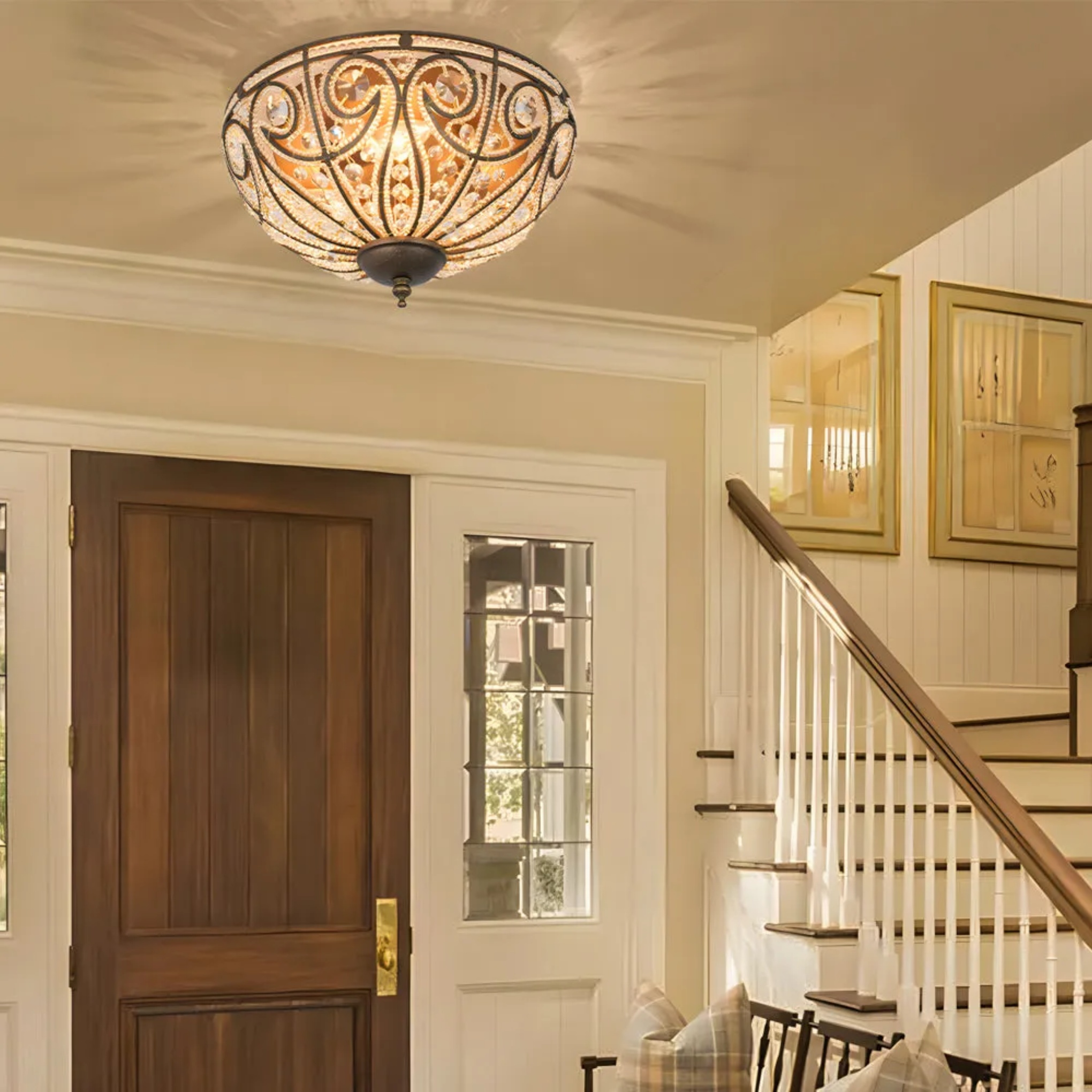 Mid-century roman home flush mount lighting in crystal — 13"X6.9"