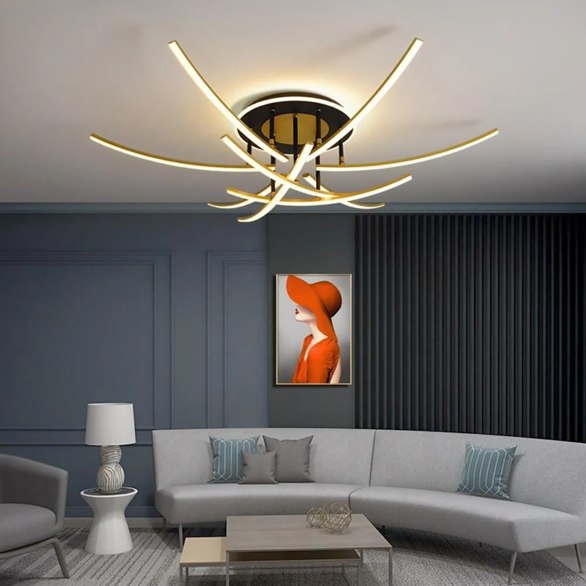White nordic curved linear semi-flush mount light — 3-Color Changeable / 3-Light
