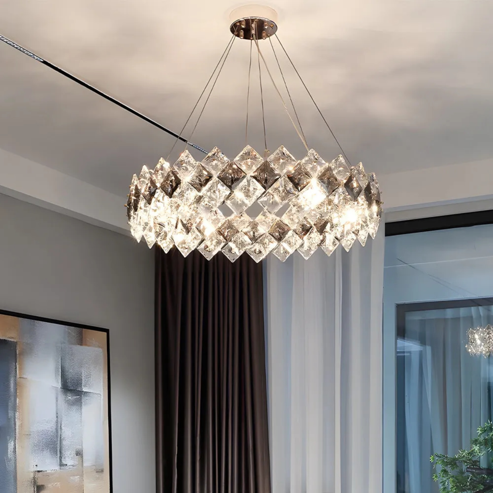 Brass crystal chandeliers for kitchen, Lighom — 7.9" H x 17.7" Dia / Round