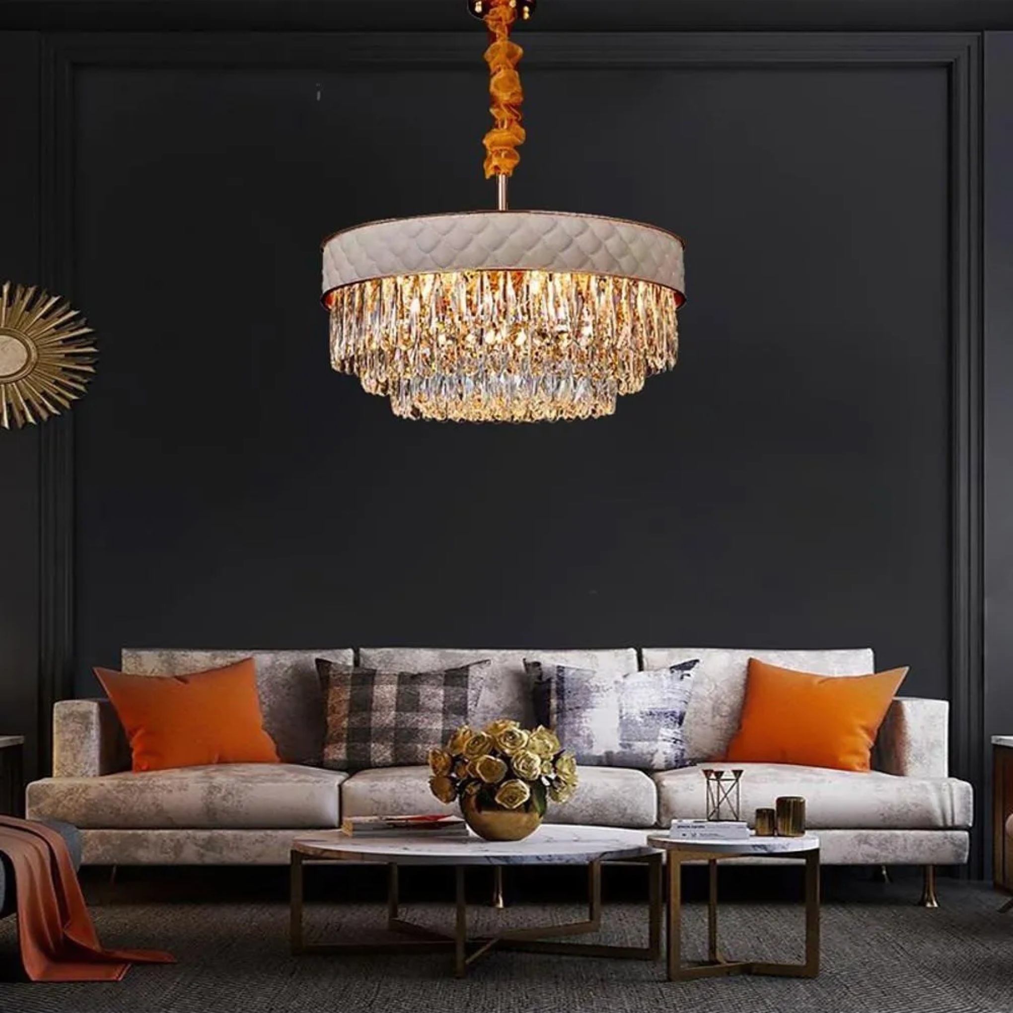 Lighom modern plated drum crystal chandeliers — Matte Black