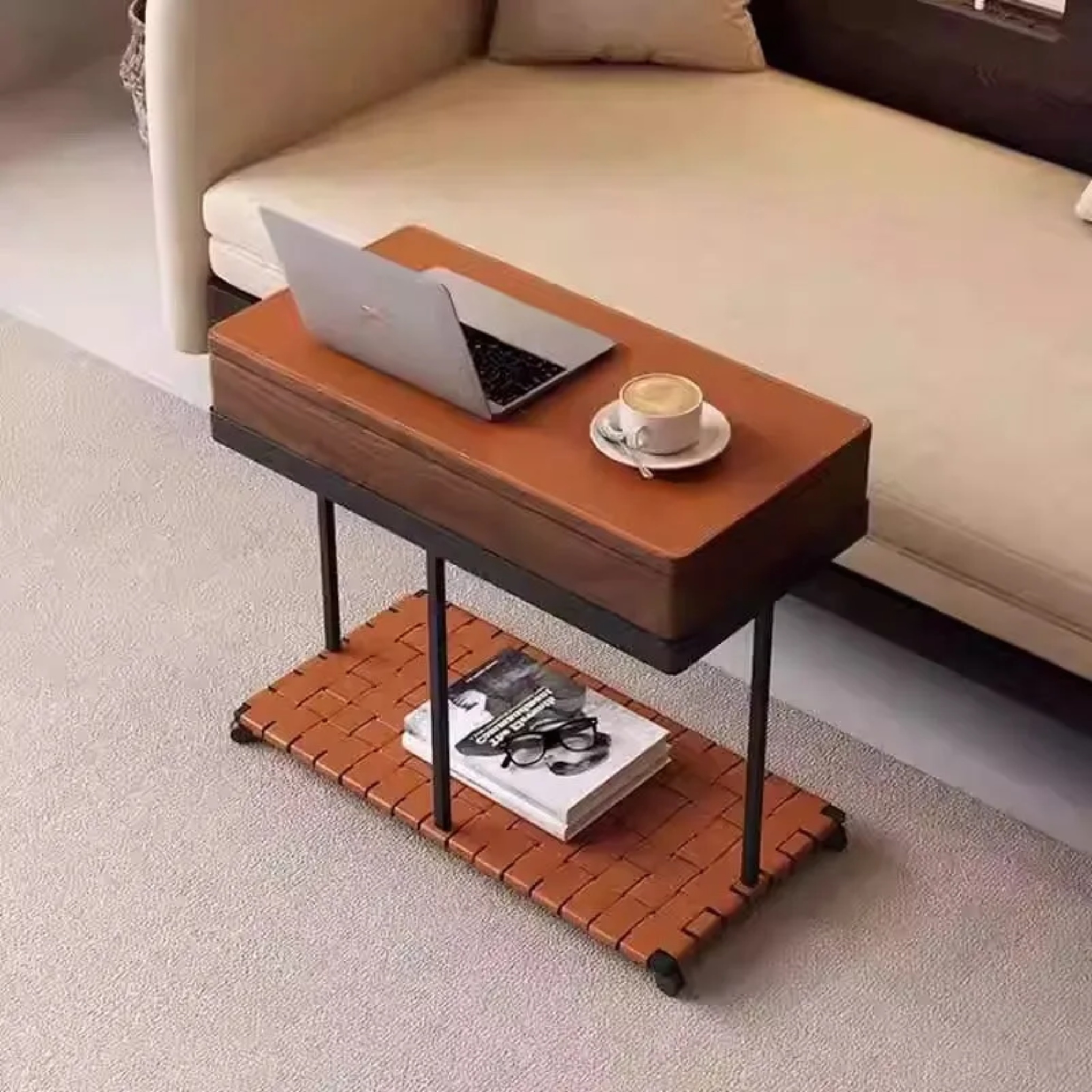 Lighom 2-tier eclectic wood leather iron end & side tables for living room