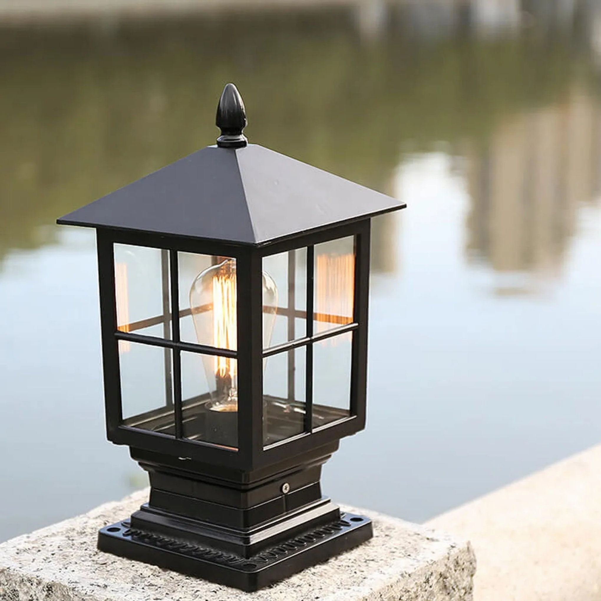 Lighom industrial rustproof lantern bronze outdoor column light in glass — Matte Black / 110V-120V (US/CA)