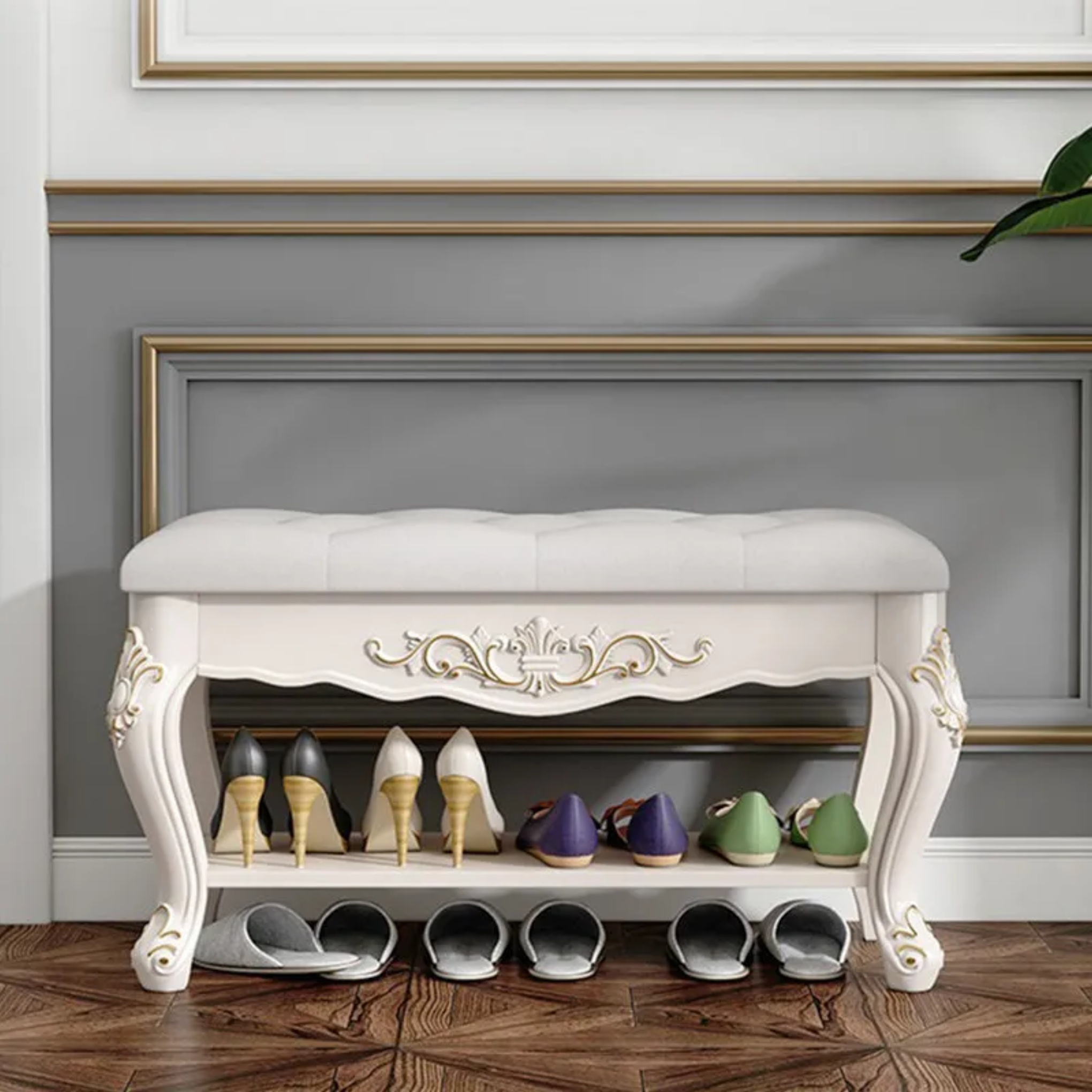 Lighom traditional engraved 2-tier wood footstools in leather — 23.62" L x 12.6" W x 18.11" H / Gold Engraving