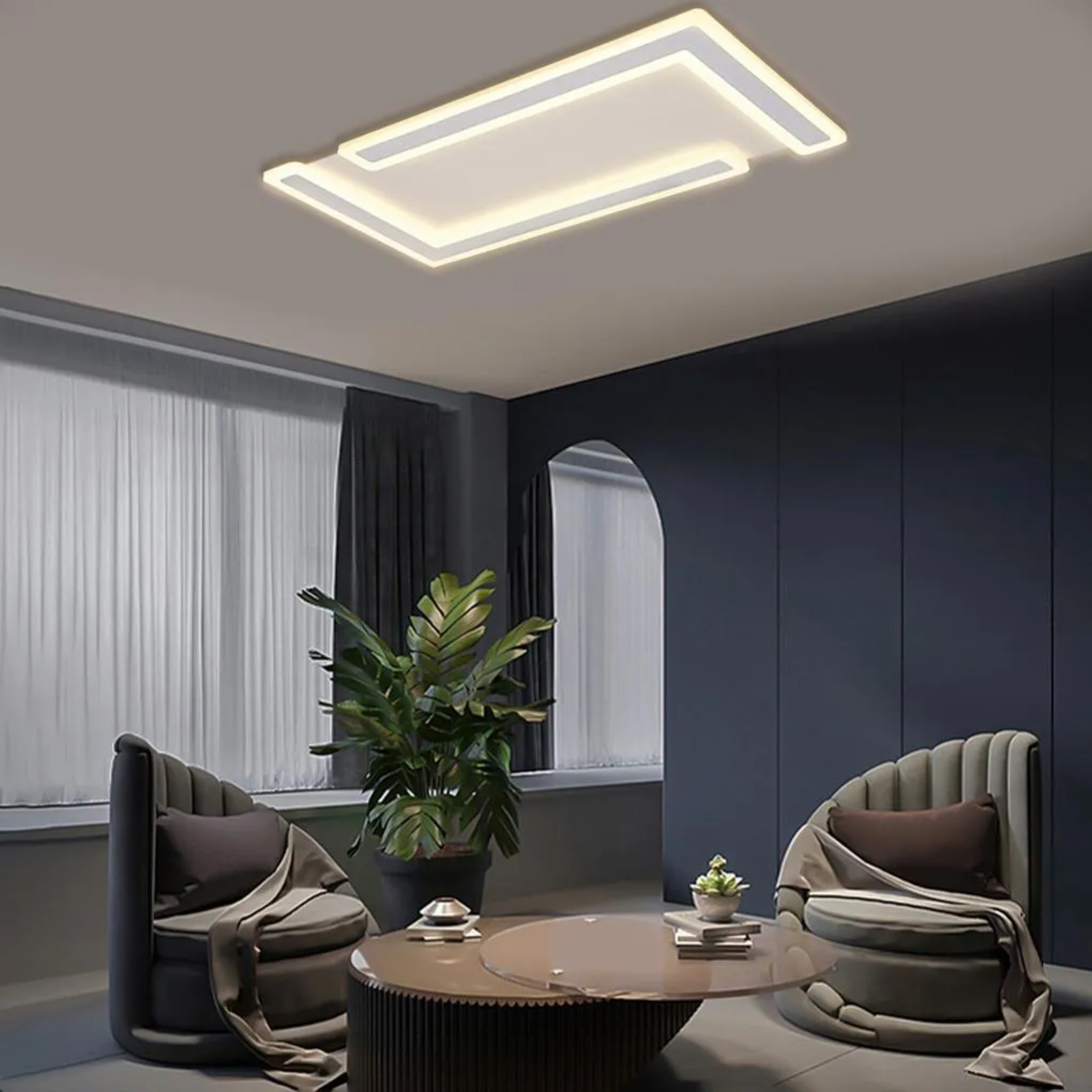Contemporary geometric flat white synthetic flush mount lighting, Lighom — 30" L x 15" W / Cool White (6000K)