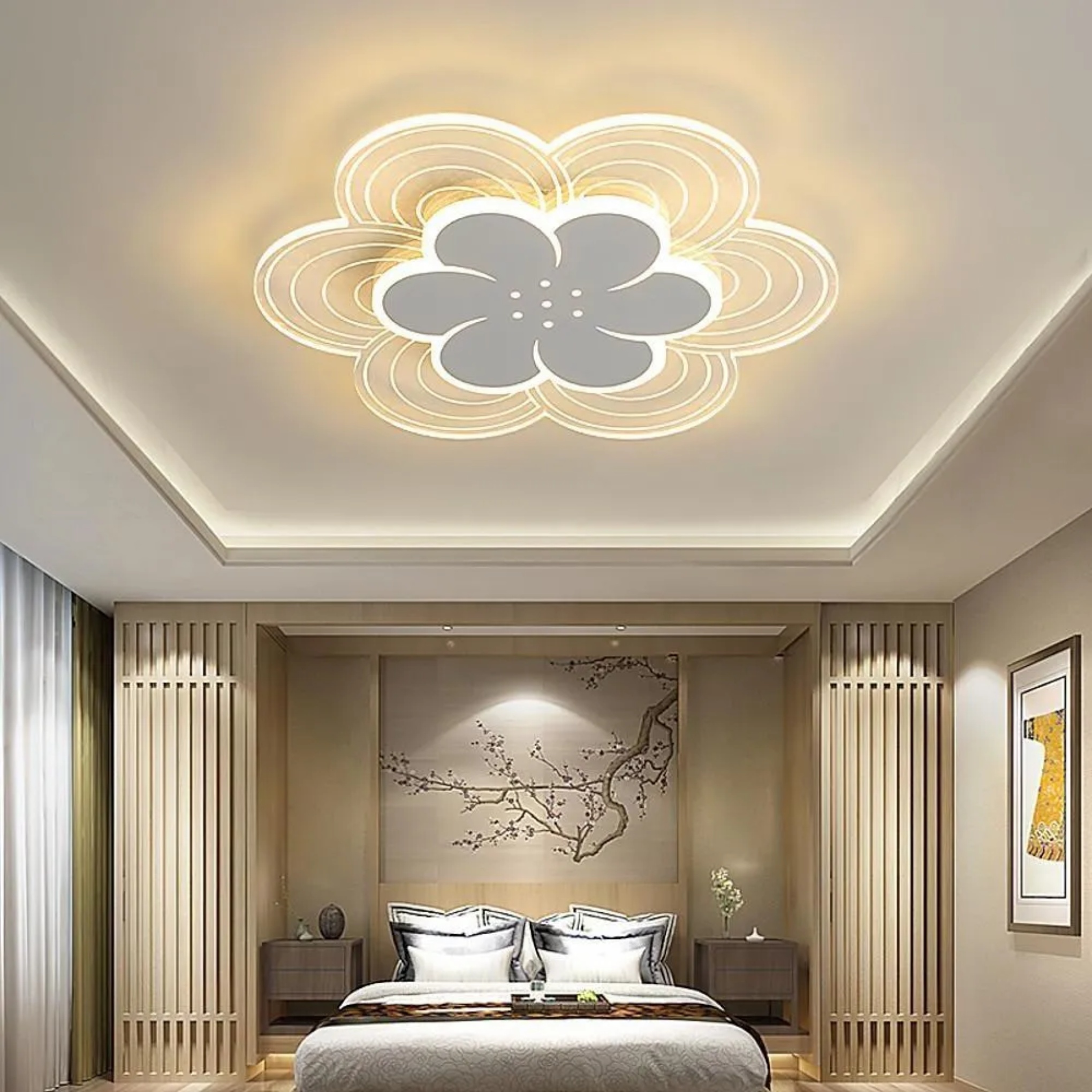 White synthetic flower flush mount lighting - modern — Warm White (3000K)