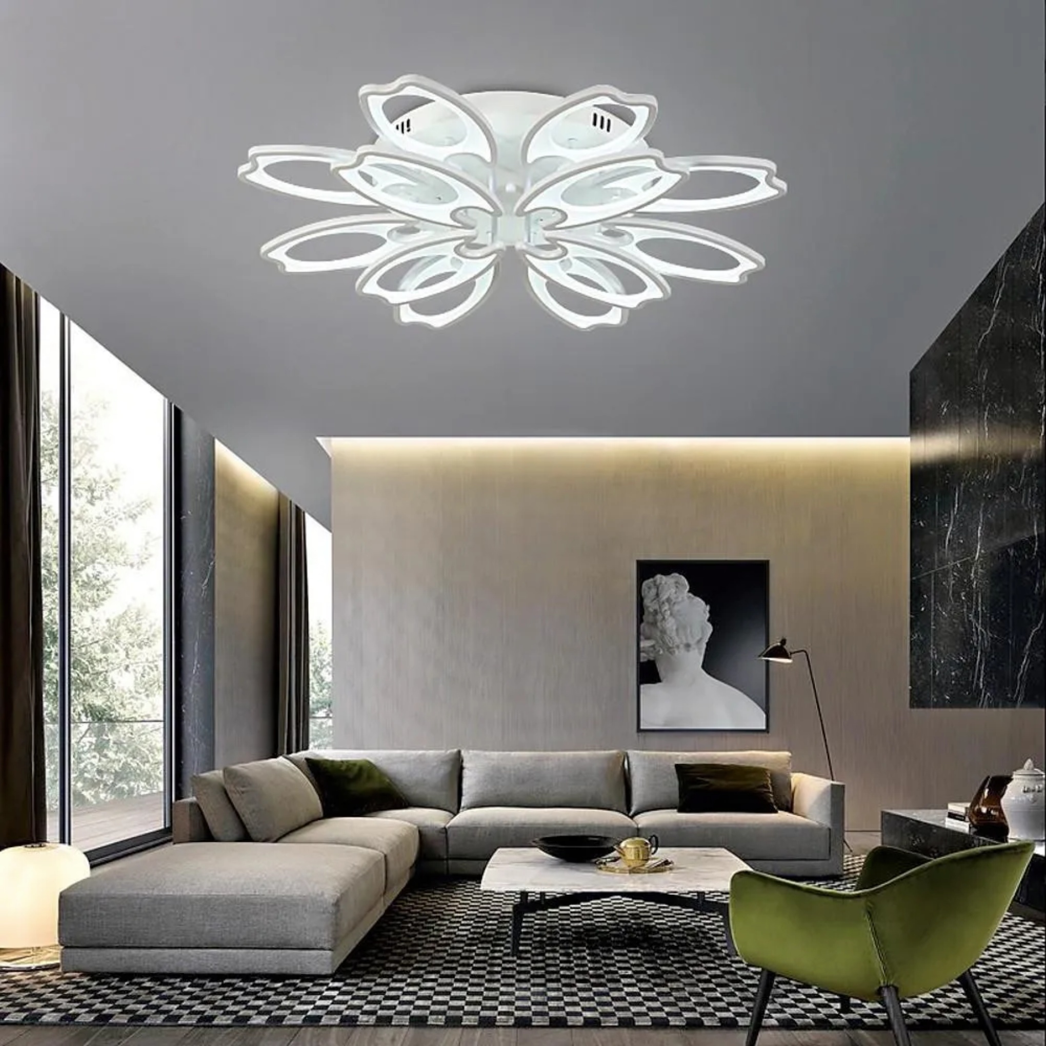 Modern novelty flower white metal semi-flush mount light, Lighom — Dia 24" x 3" H / Warm White (3000K) / 5-Light