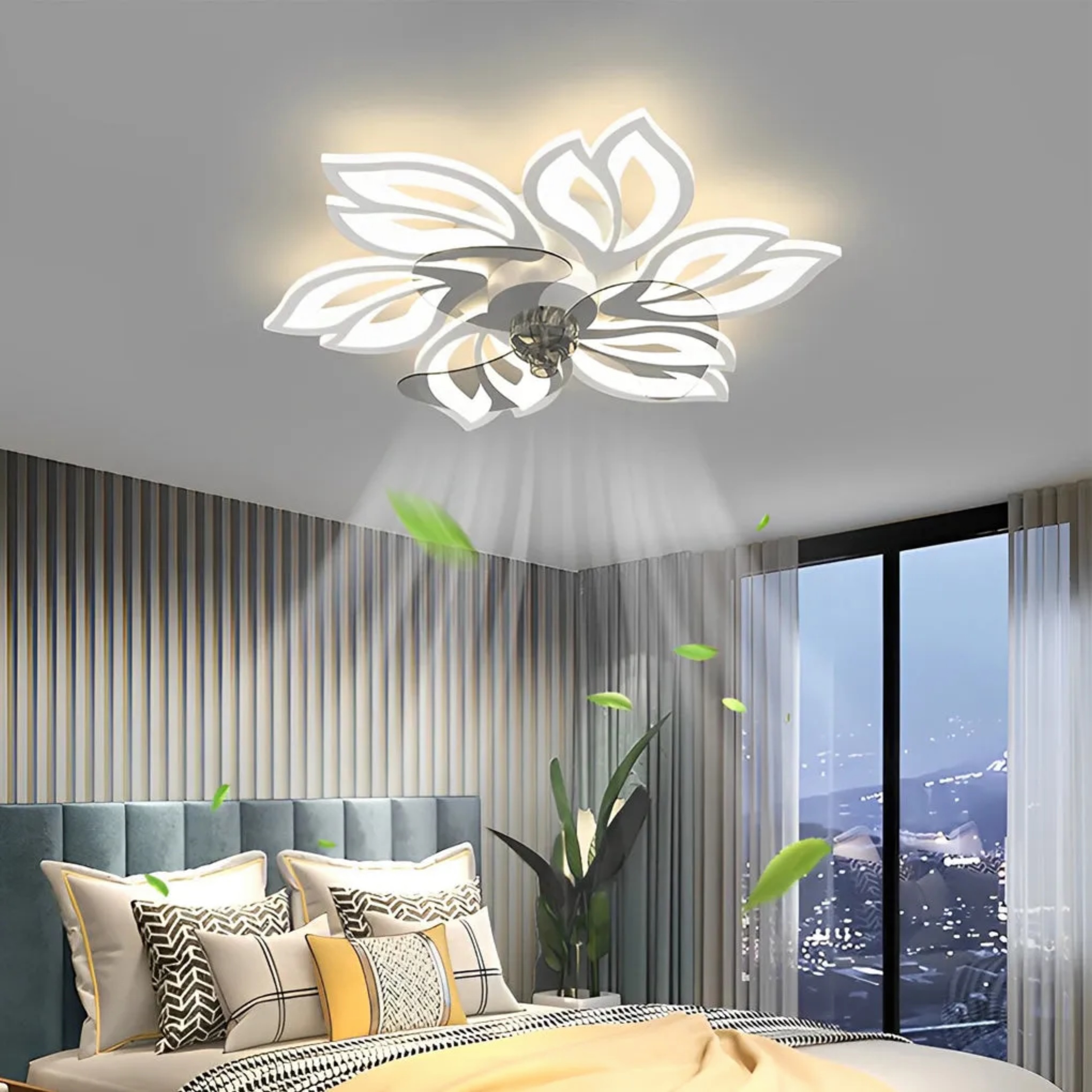 Lighom decor flower synthetic ceiling fans for bedroom — Dia 25.6" x 5.5" H / Leaf / White