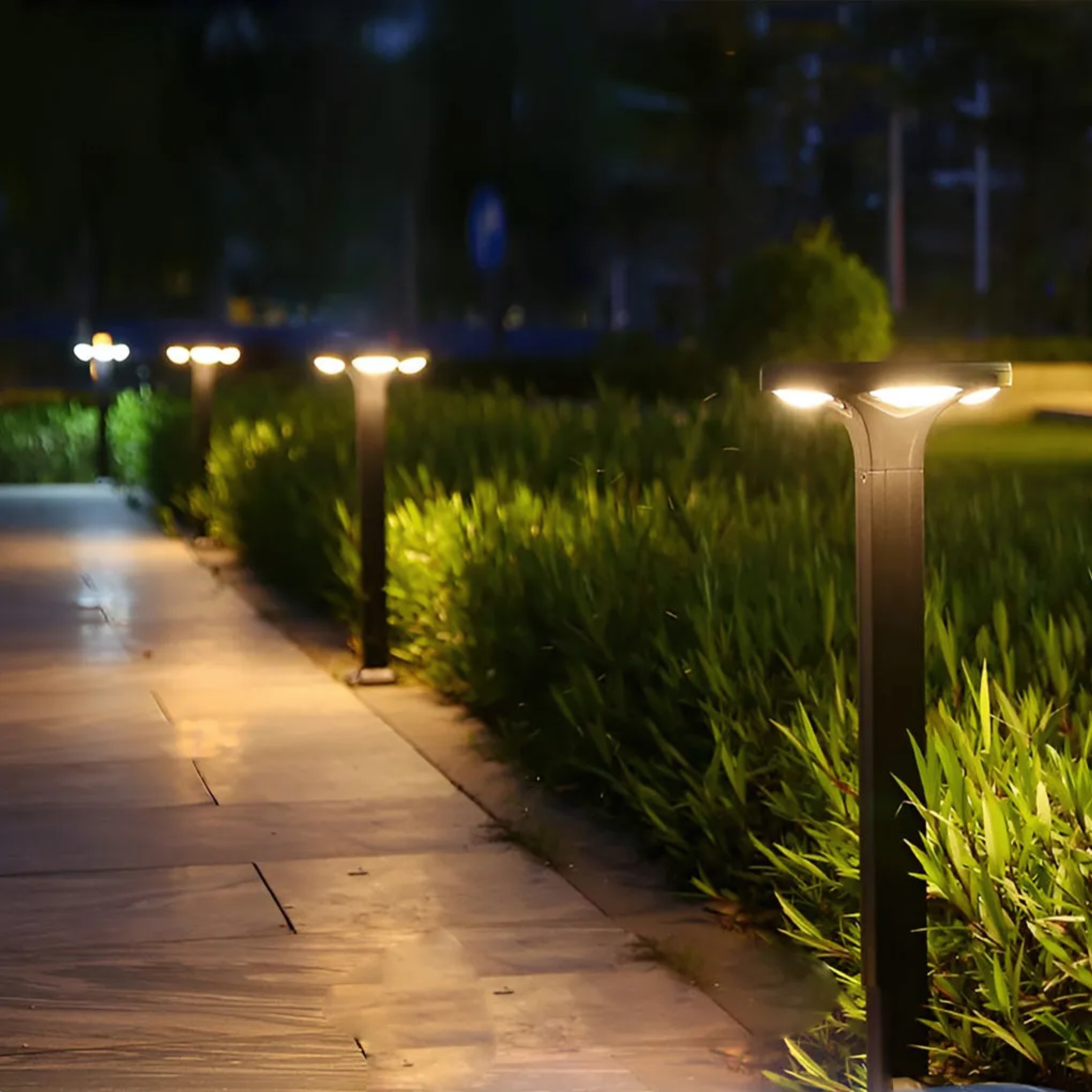 Industrial four-light square synthetic landscape lighting — 9" L x 9" W x 16" H / Cool White (6000K) / Solar