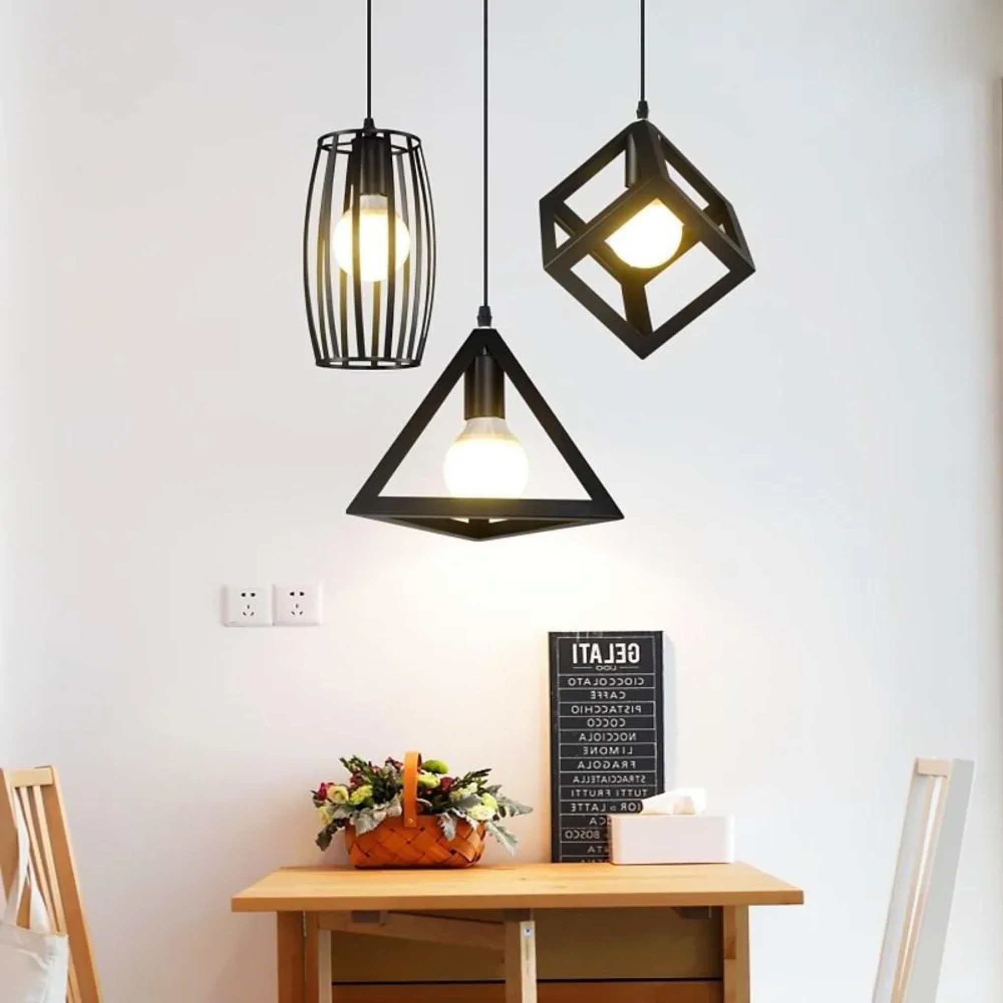 Black metal geometric pendant lighting - triangle — Warm White (3000K) / Set Of 3