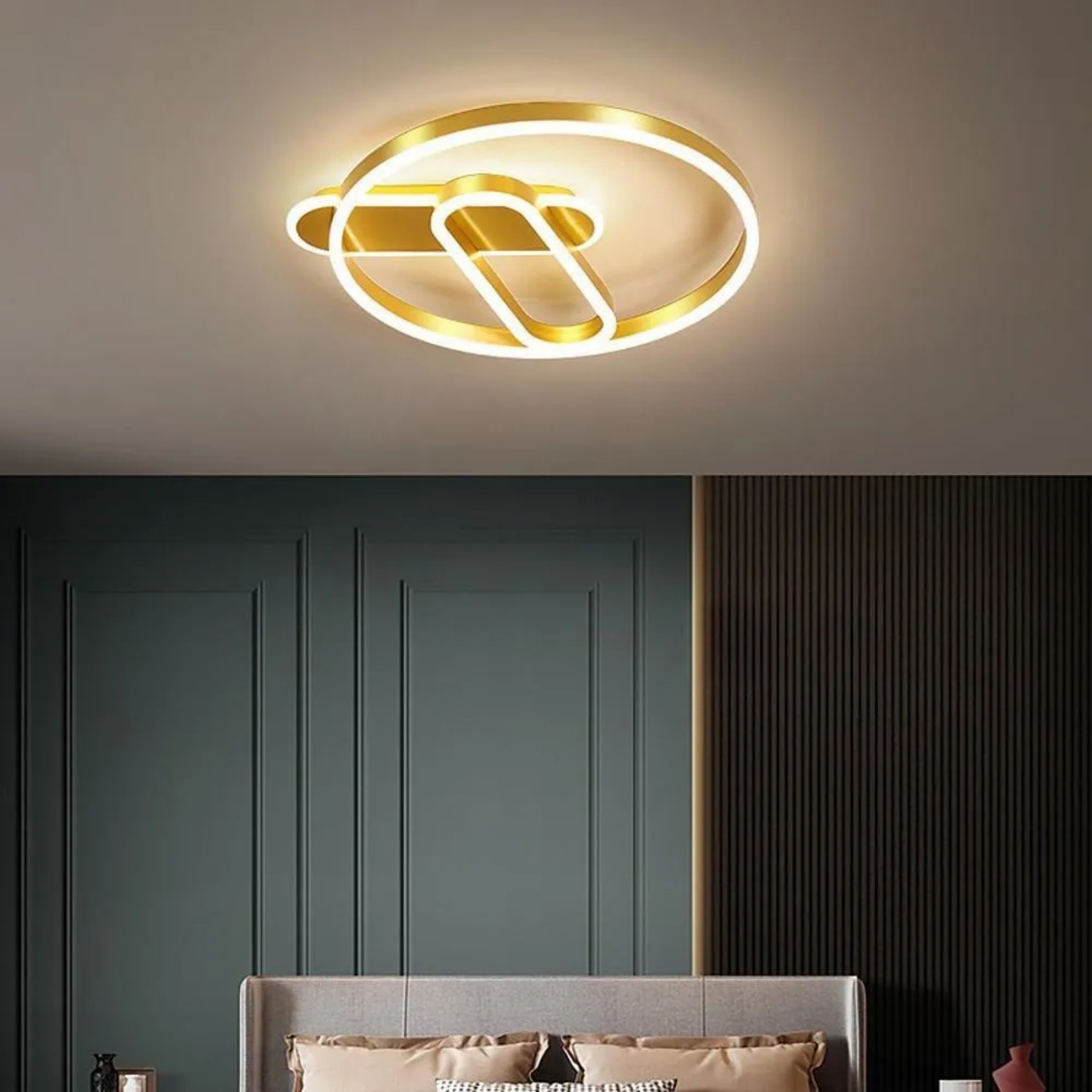 Modern circle geometric brown flush mount lighting — 3" H x 18" Dia / Warm White (3000K) / Brushed Gold