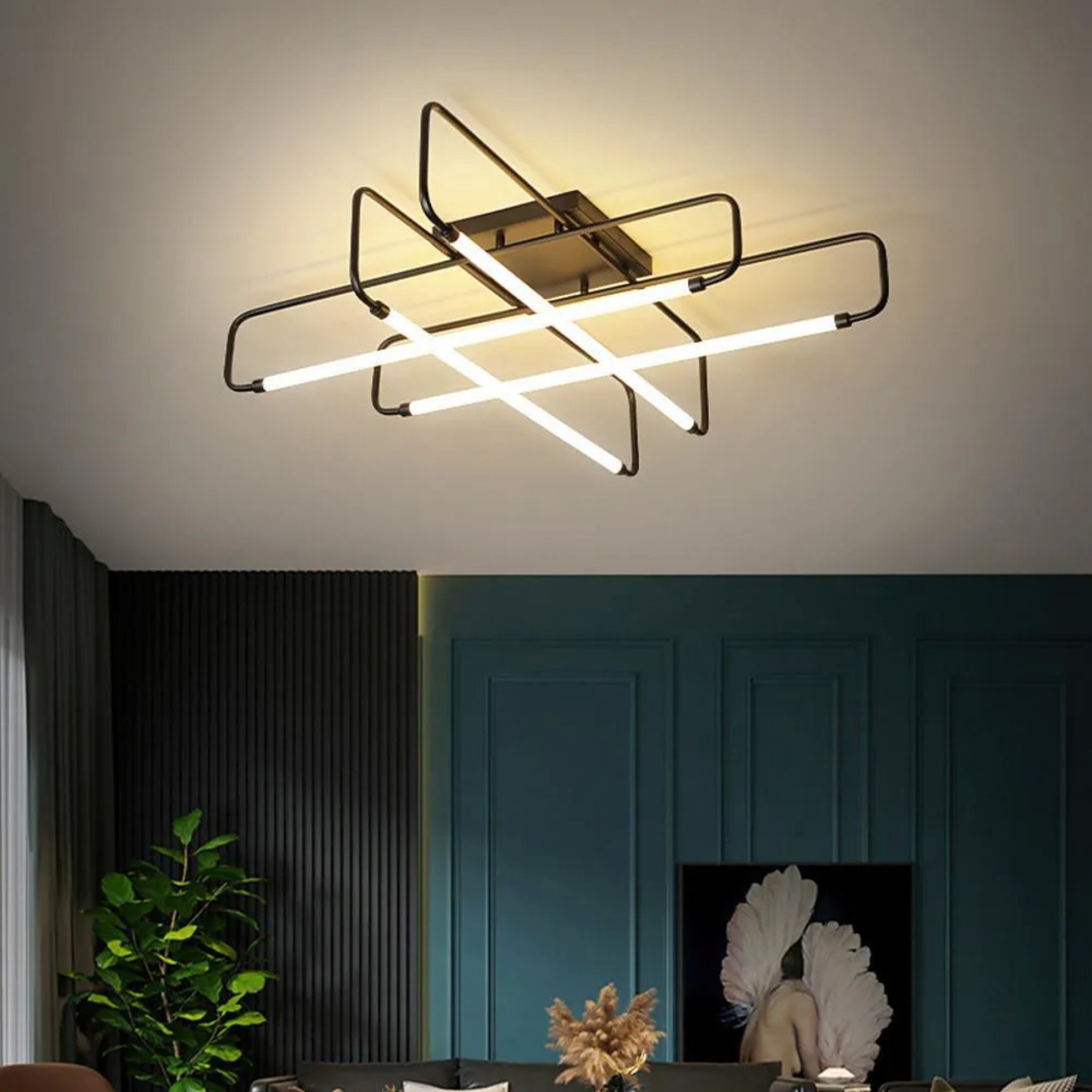 Black modern geometric lantern semi-flush mount light — 22" W x 8" H / Warm White (3000K) / Matte Black