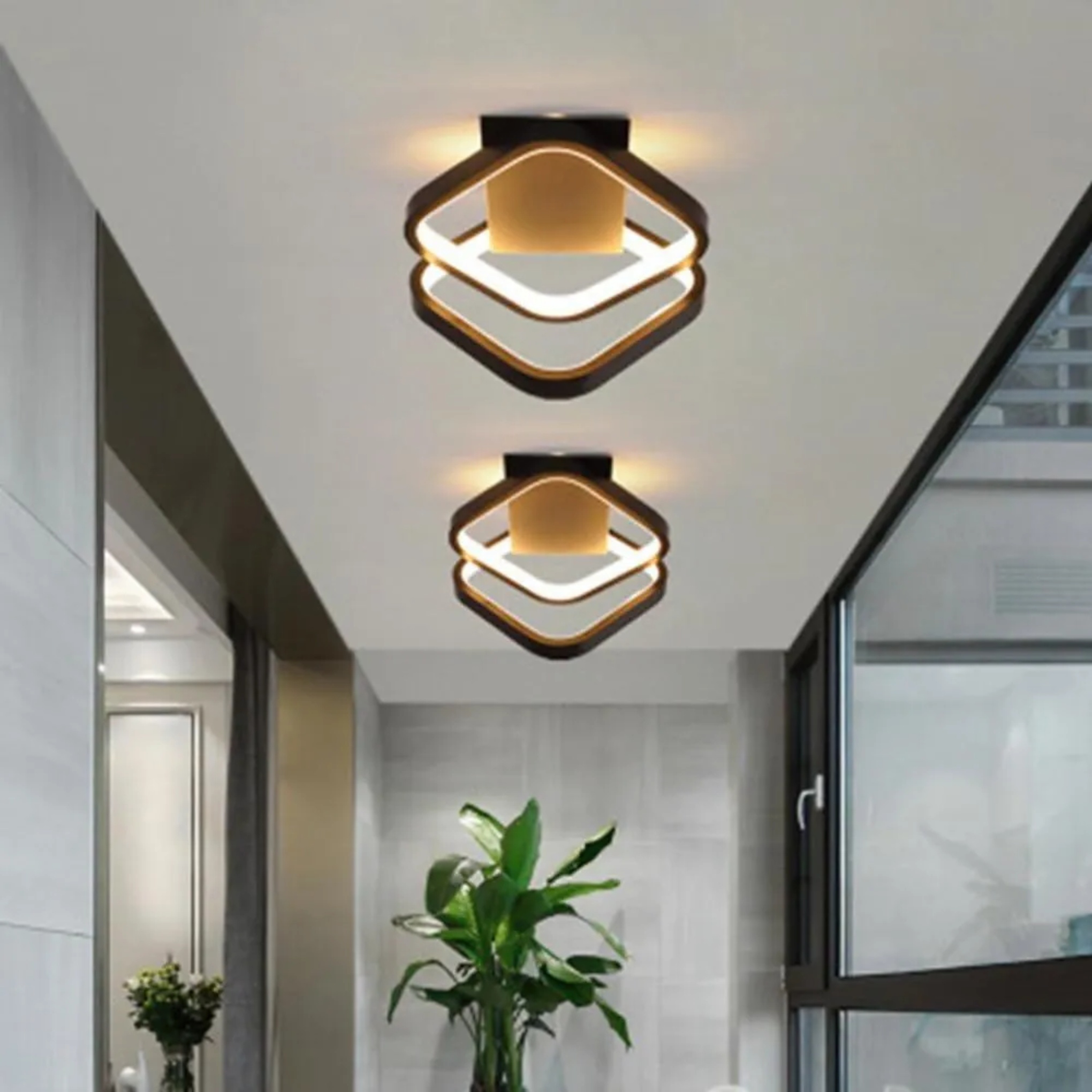 Modern geometric black semi-flush mount light in synthetic — Warm White (3000K) / White