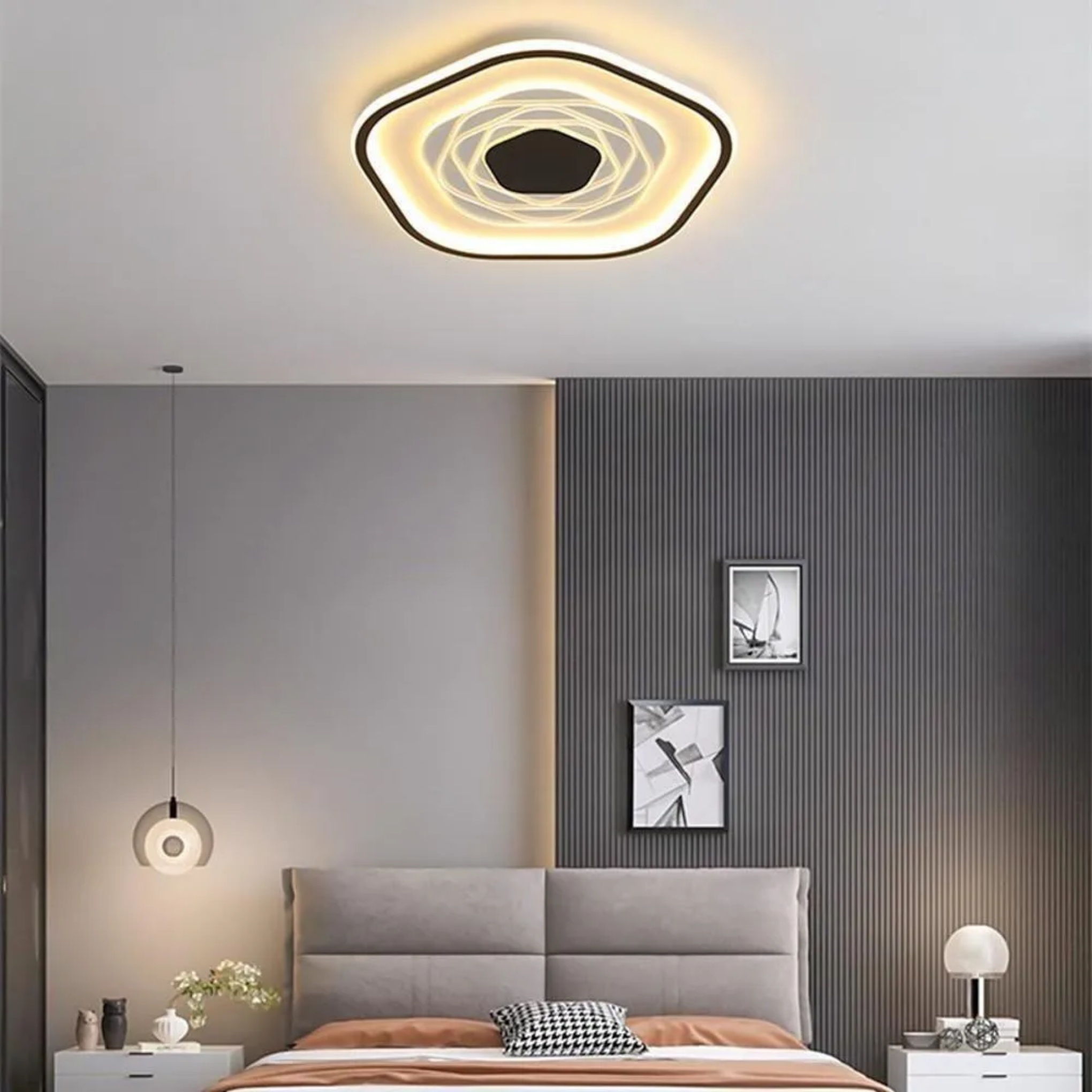 Hexagonal abstract black flush mount lighting — 20" Diameter / Warm White (3000K) / Matte Black