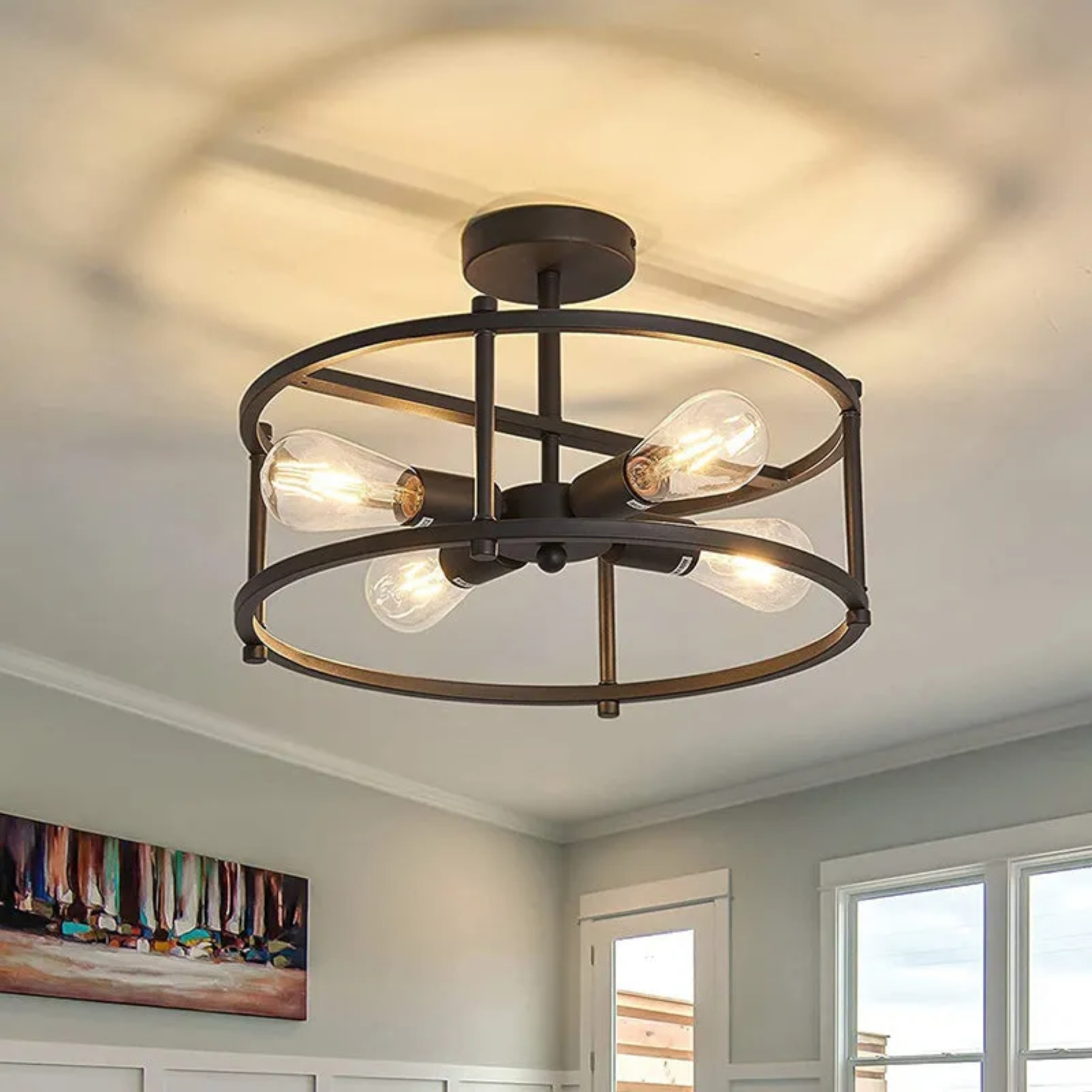 Contemporary round semi-flush black semi-flush mount light — 110V-120V (US/CA